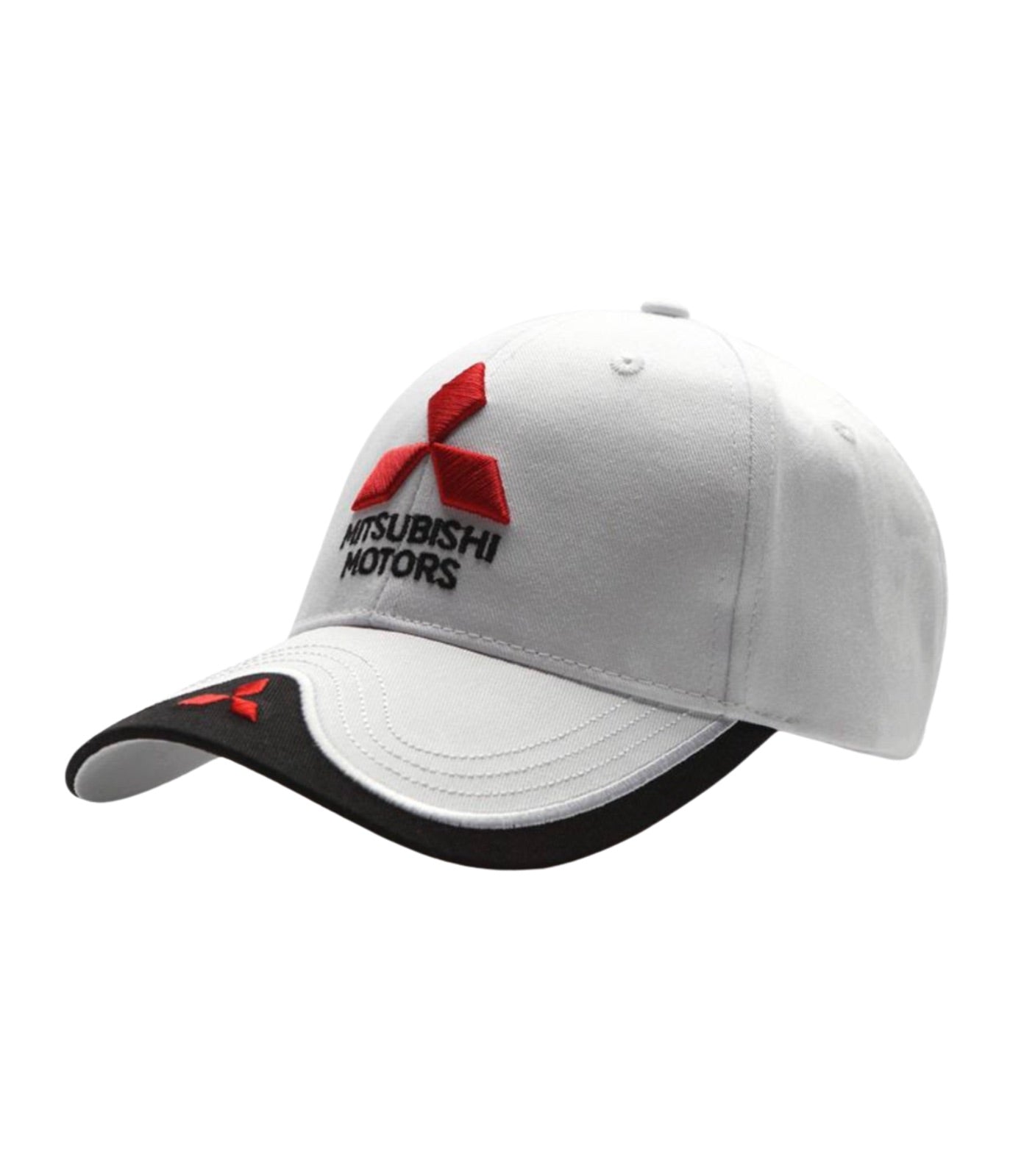 White Mitsubishi Motors cap at an angle showing the raised red three-diamond mark