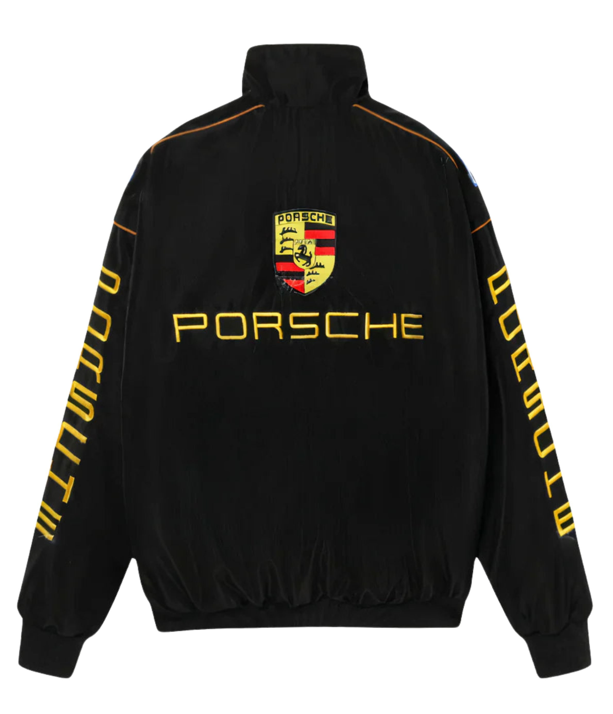 Black Porsche jacket with logo and text on a white background