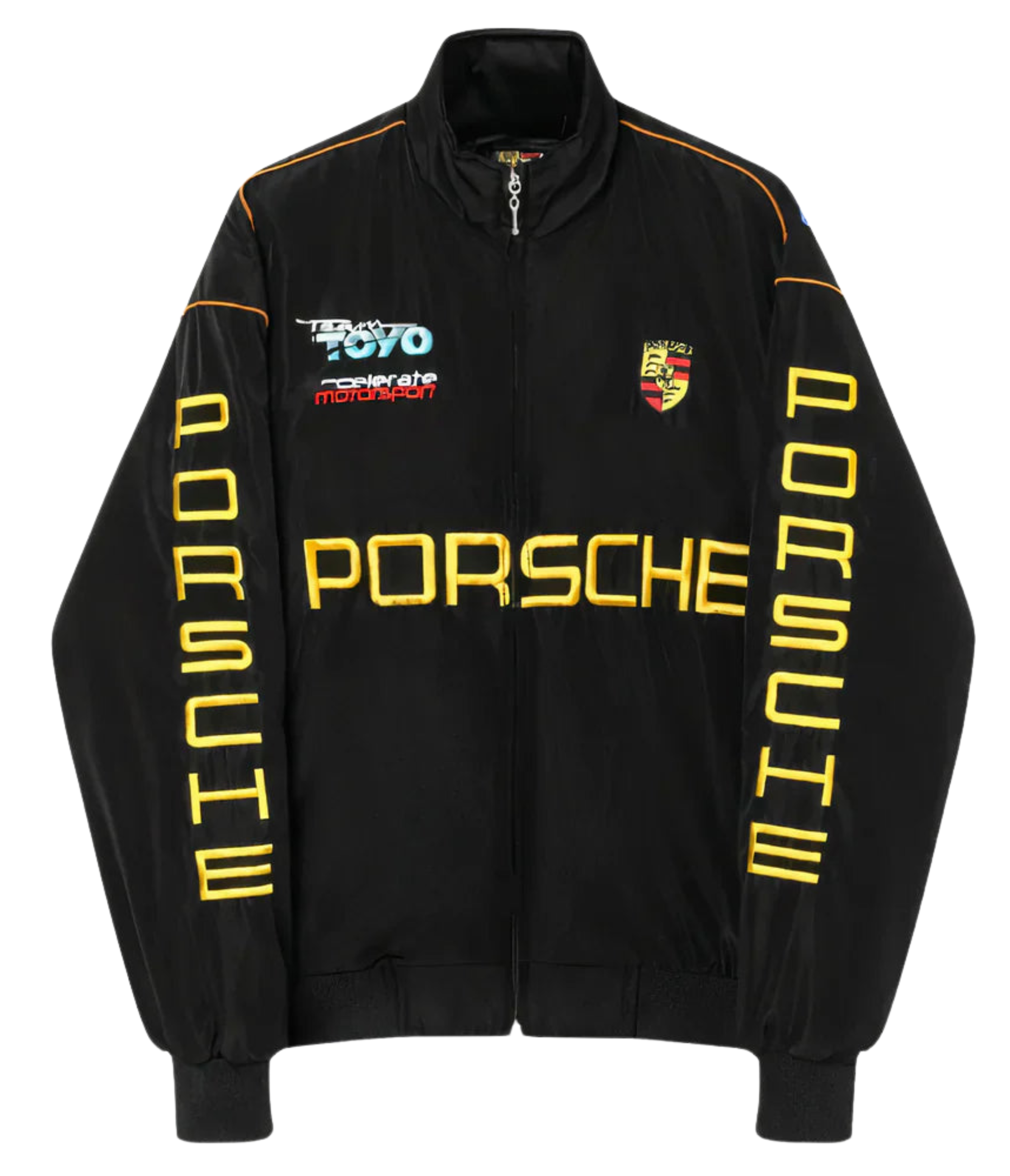 Black Porsche jacket with yellow text and logos on a white background