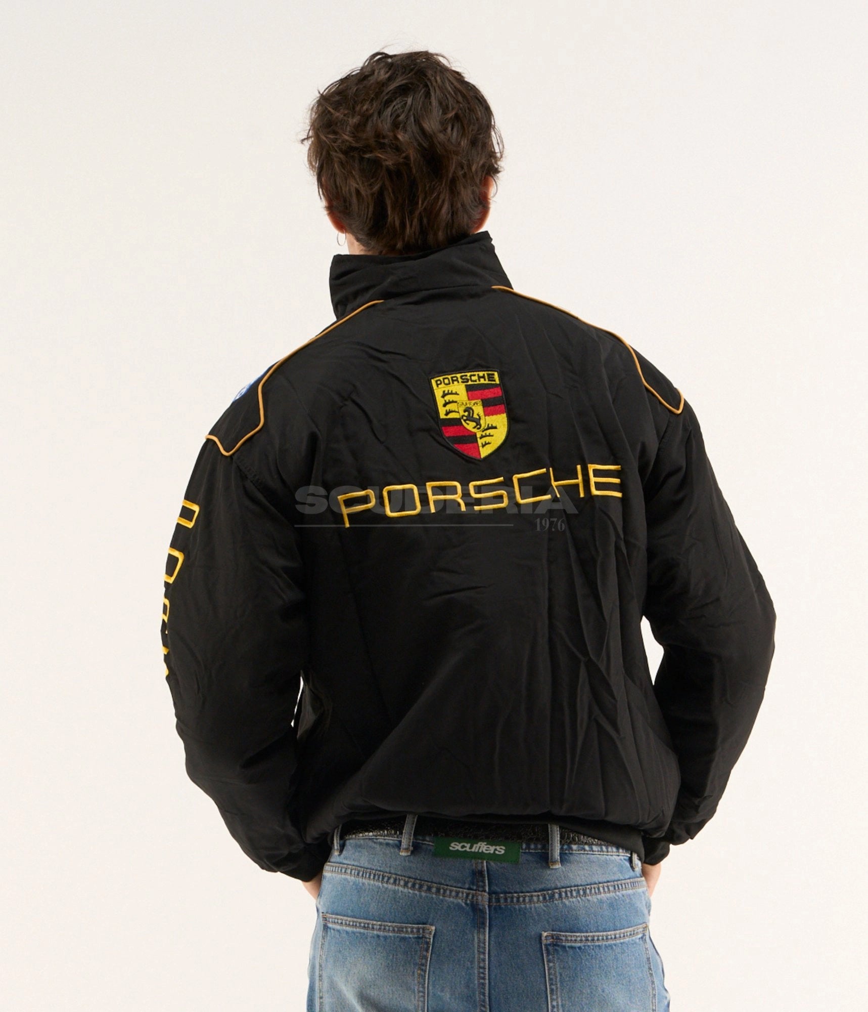 Porsche black gold embroidered padded bomber jacket – back view – Scuderia1976