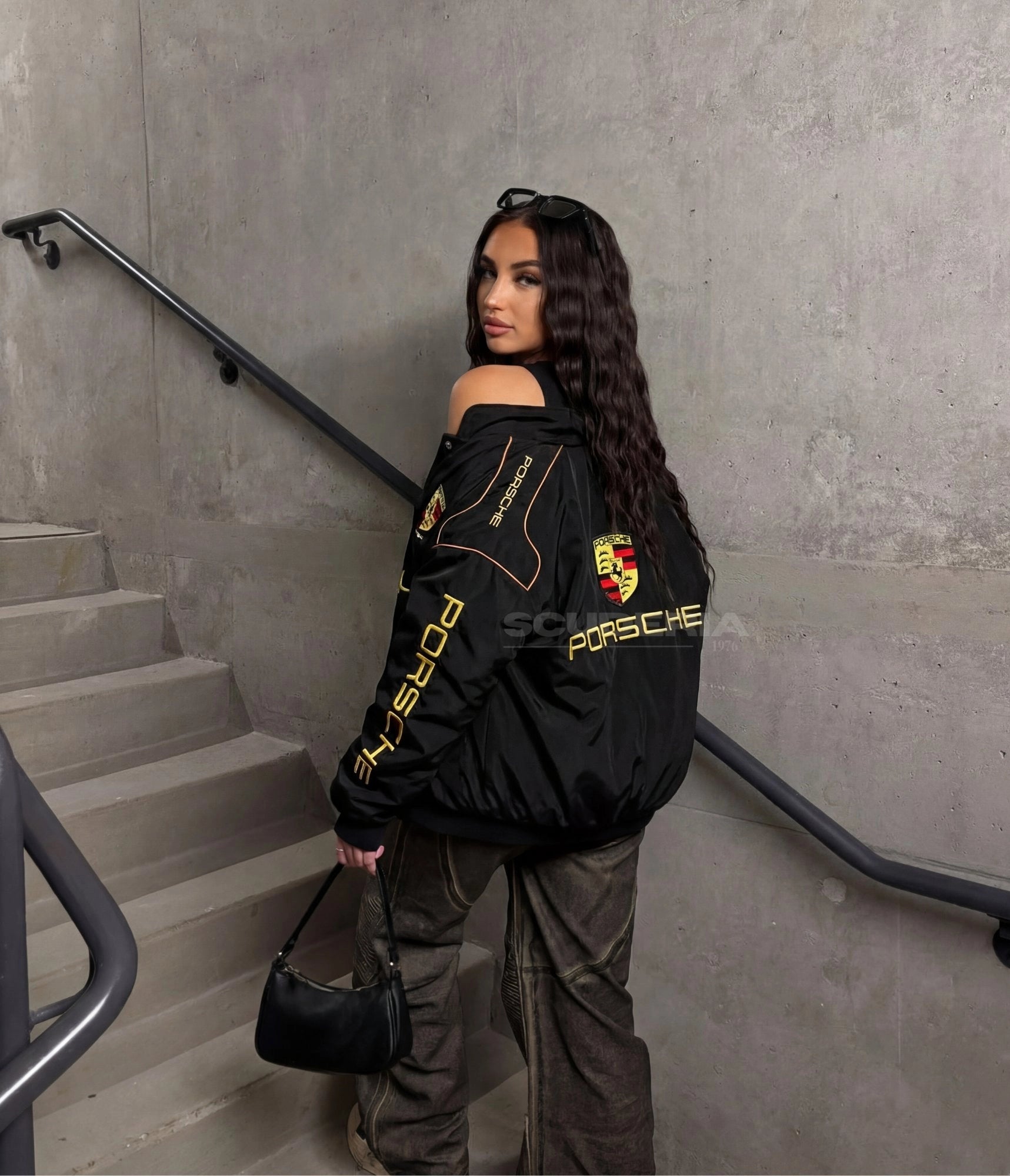 Porsche black gold embroidered padded bomber jacket – back detail staircase – Scuderia1976