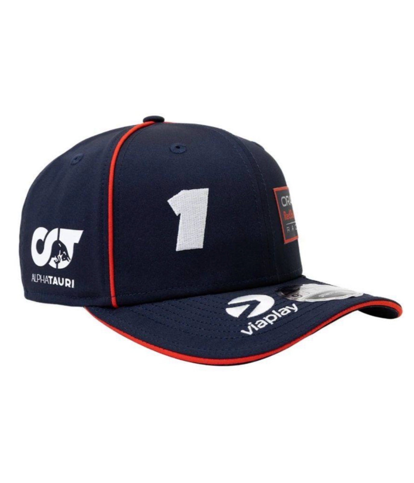 Side of the Red Bull F1 Verstappen 2023 cap with AlphaTauri and Viaplay markings