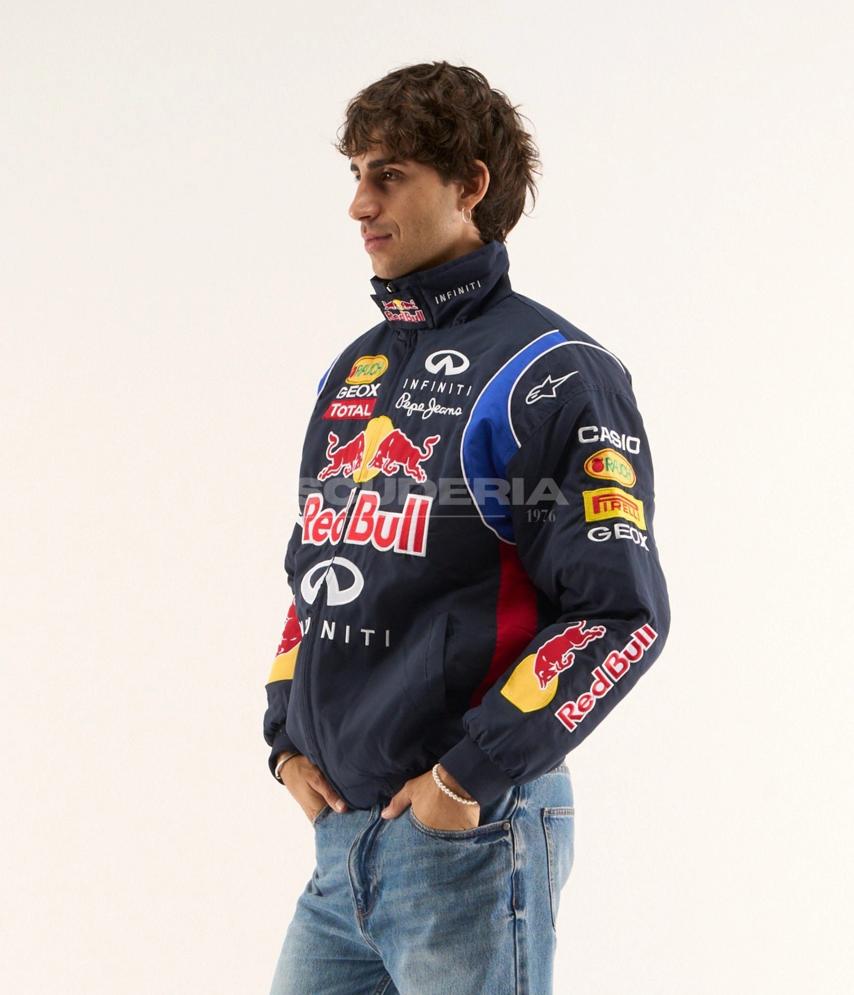 Red Bull Racing F1 Jacket Navy Blue Side View Men Infiniti Casio Pirelli Vintage F1 Style