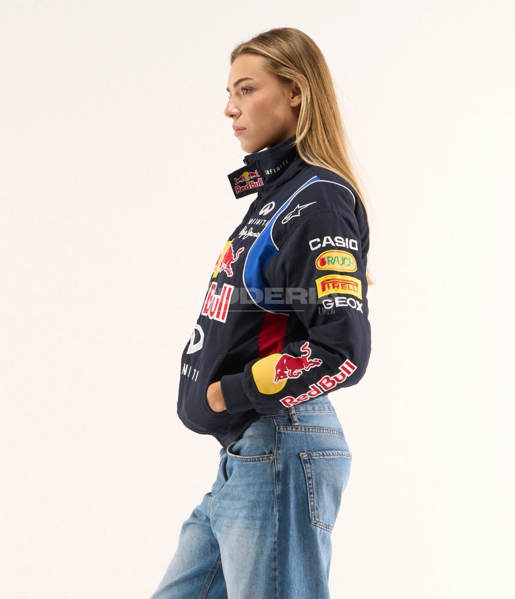 Red Bull Racing F1 Jacket Navy Blue Side View Women Casio Pirelli Geox Patches