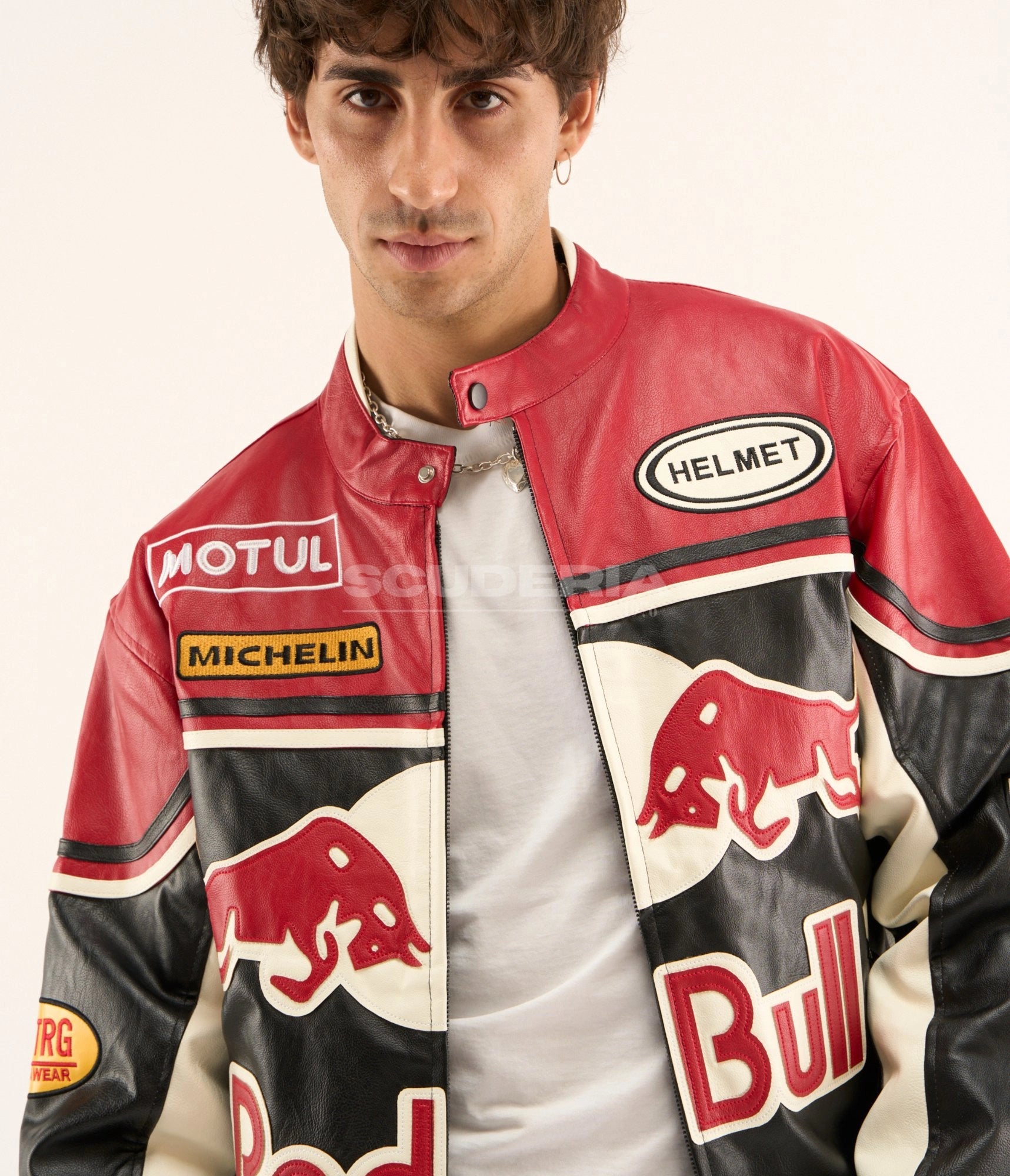 Red Bull Racing Leather Jacket Black Red Open Front Men Motul Michelin Helmet Vintage Moto