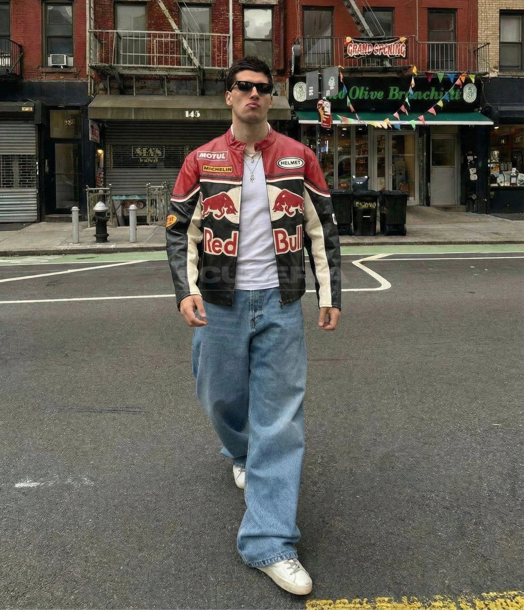 Red Bull Racing Leather Jacket Black Red Street Style Men New York Wide Leg Jeans Urban Outfit