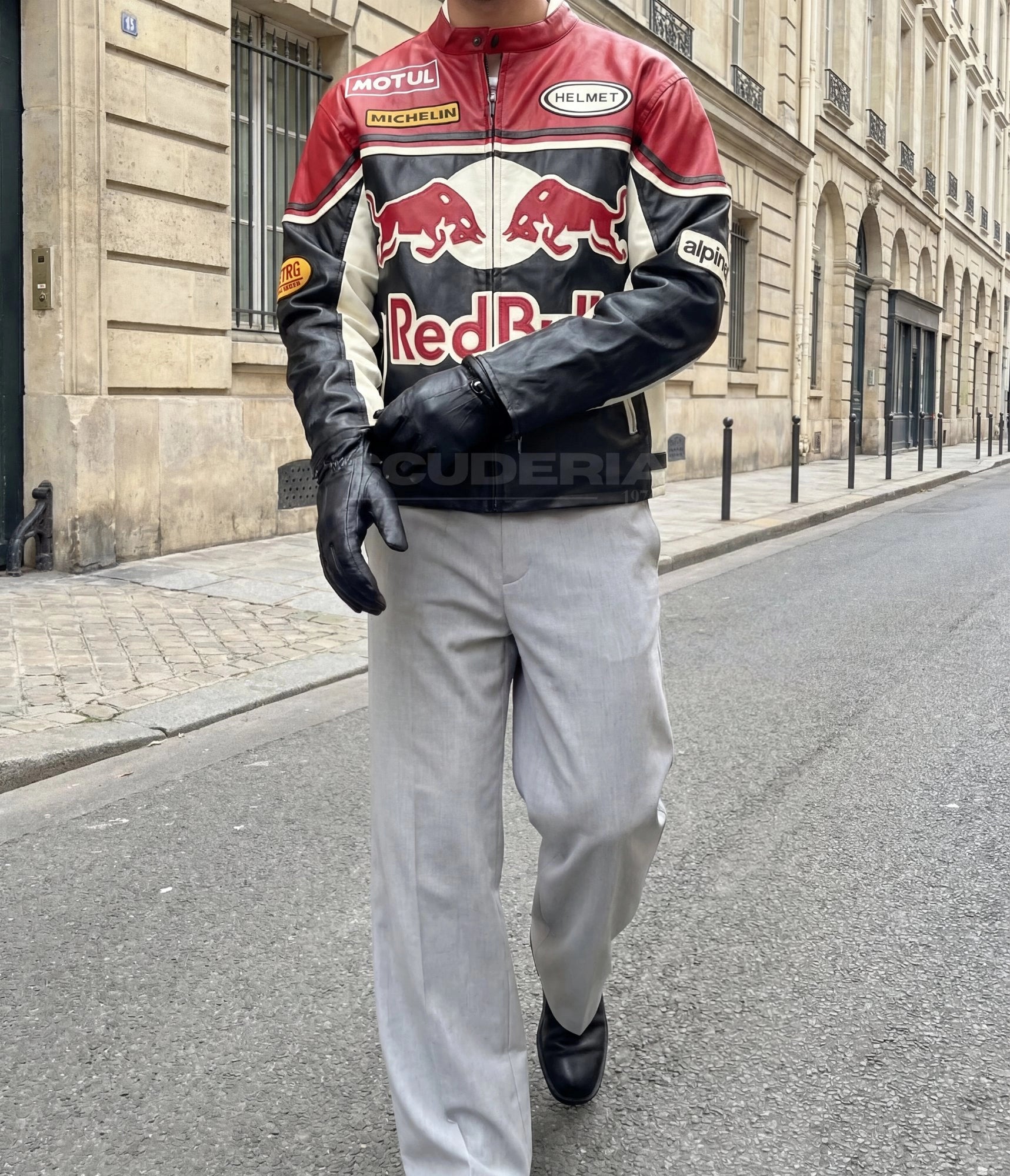 Red Bull Racing Leather Jacket Black Red Street Style Men Paris Outfit Motul Michelin Vintage