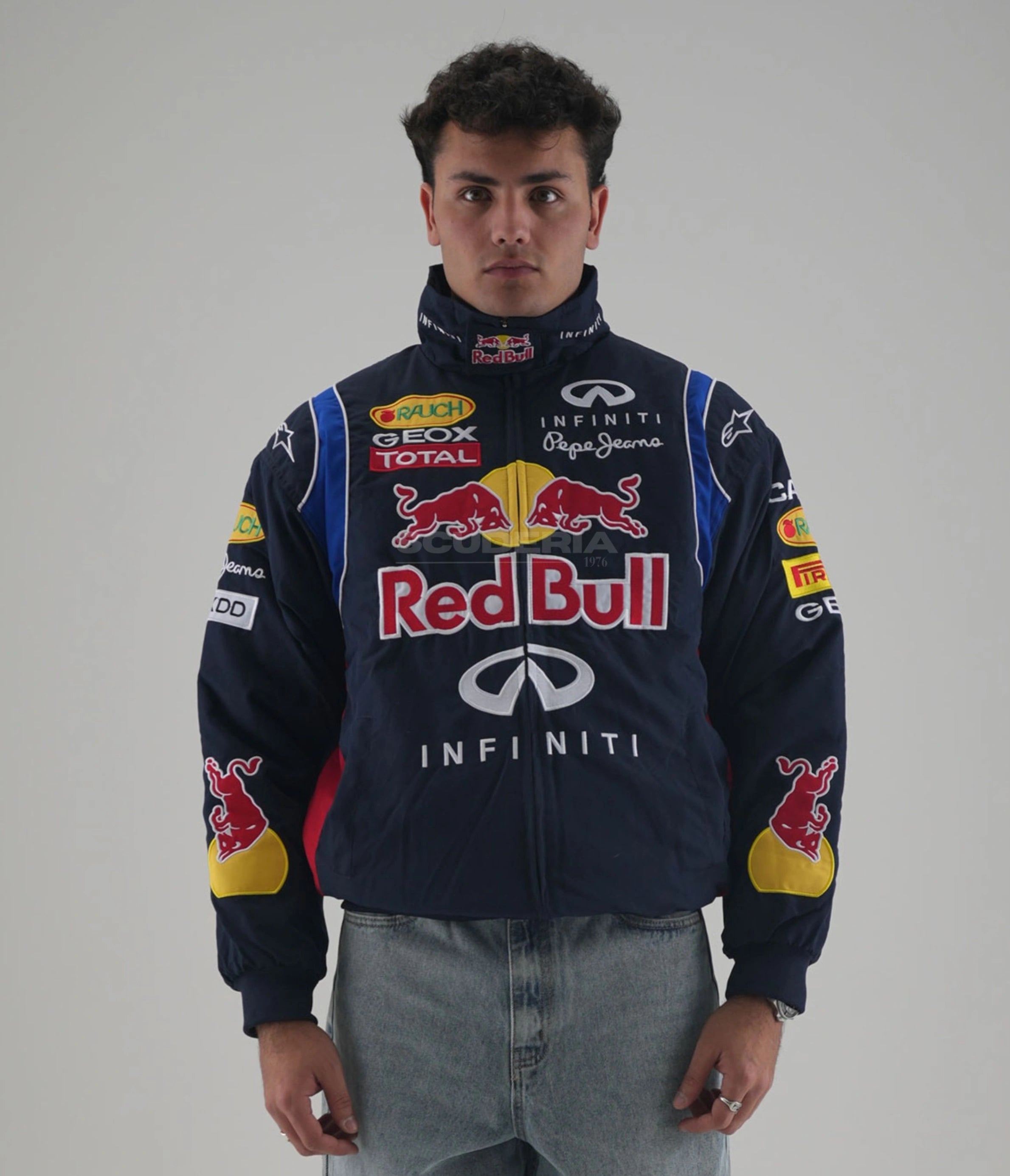 Red Bull Racing F1 Jacket Navy Blue Front View Men Infiniti Rauch Geox Total Sponsors