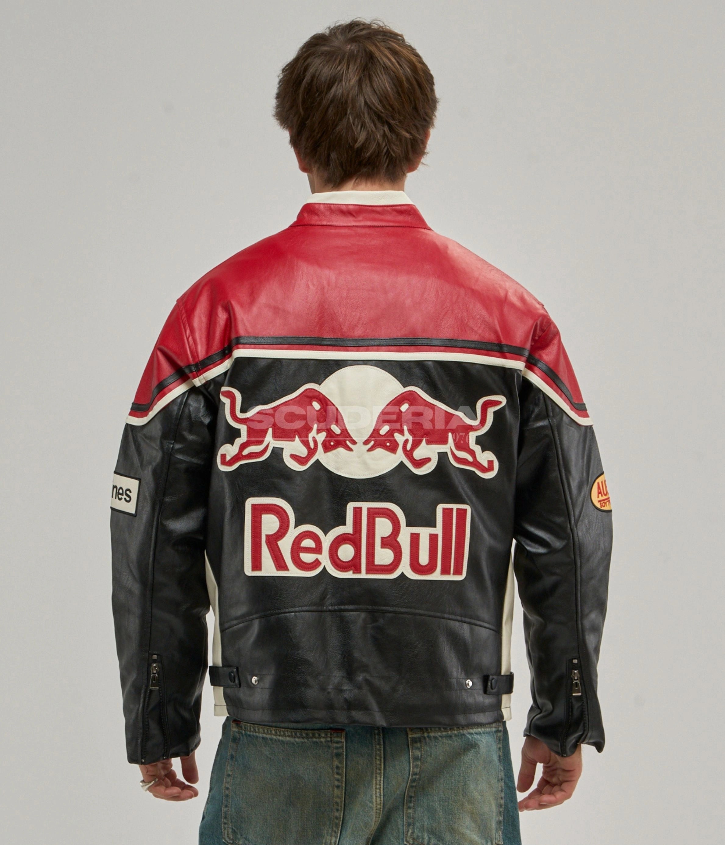 Red Bull Racing Leather Jacket Black Red Back Men Motul Michelin Helmet Vintage Moto