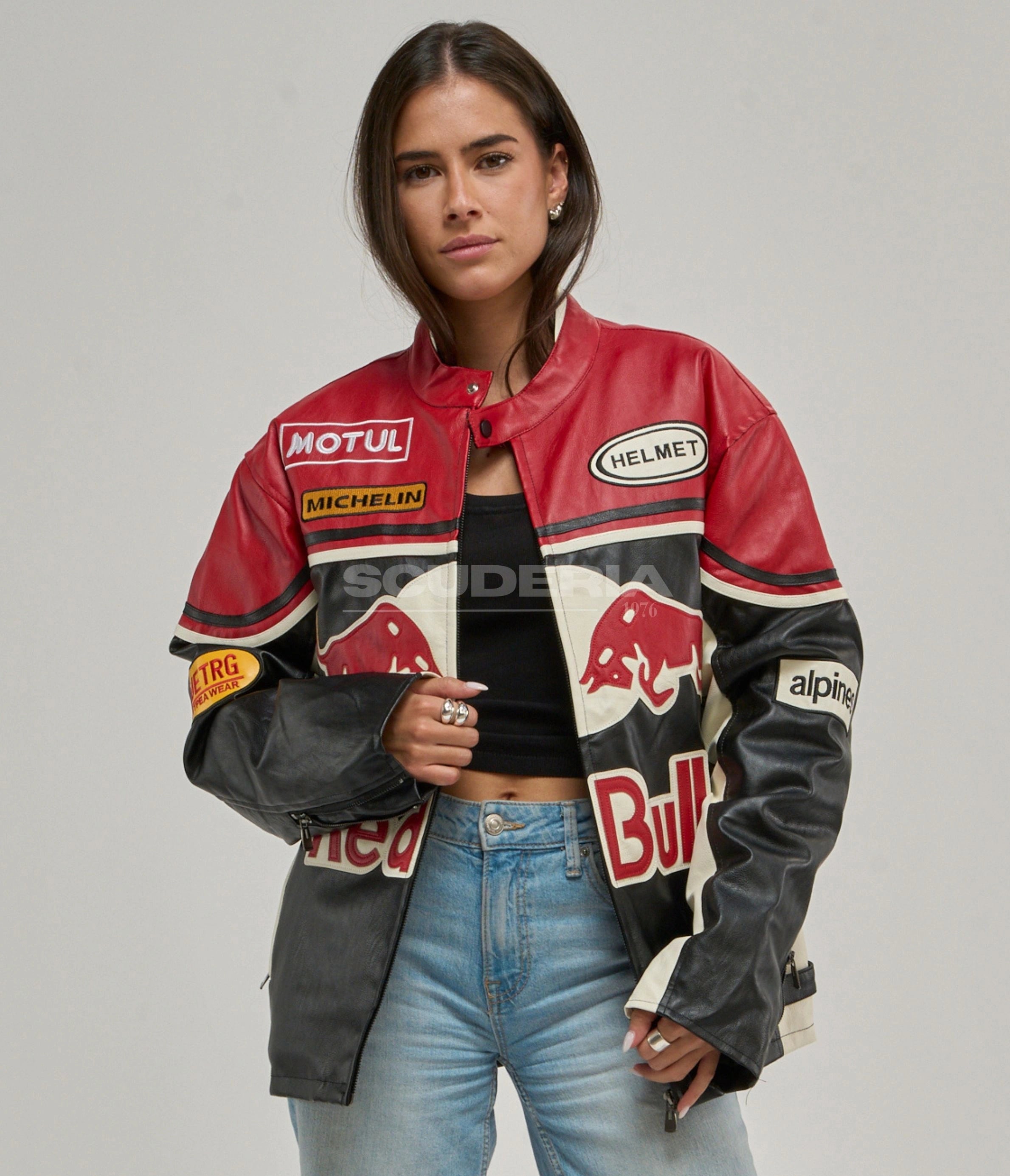 Red Bull Racing Leather Jacket Black Red Open Front Women Michelin Helmet Patches Vintage