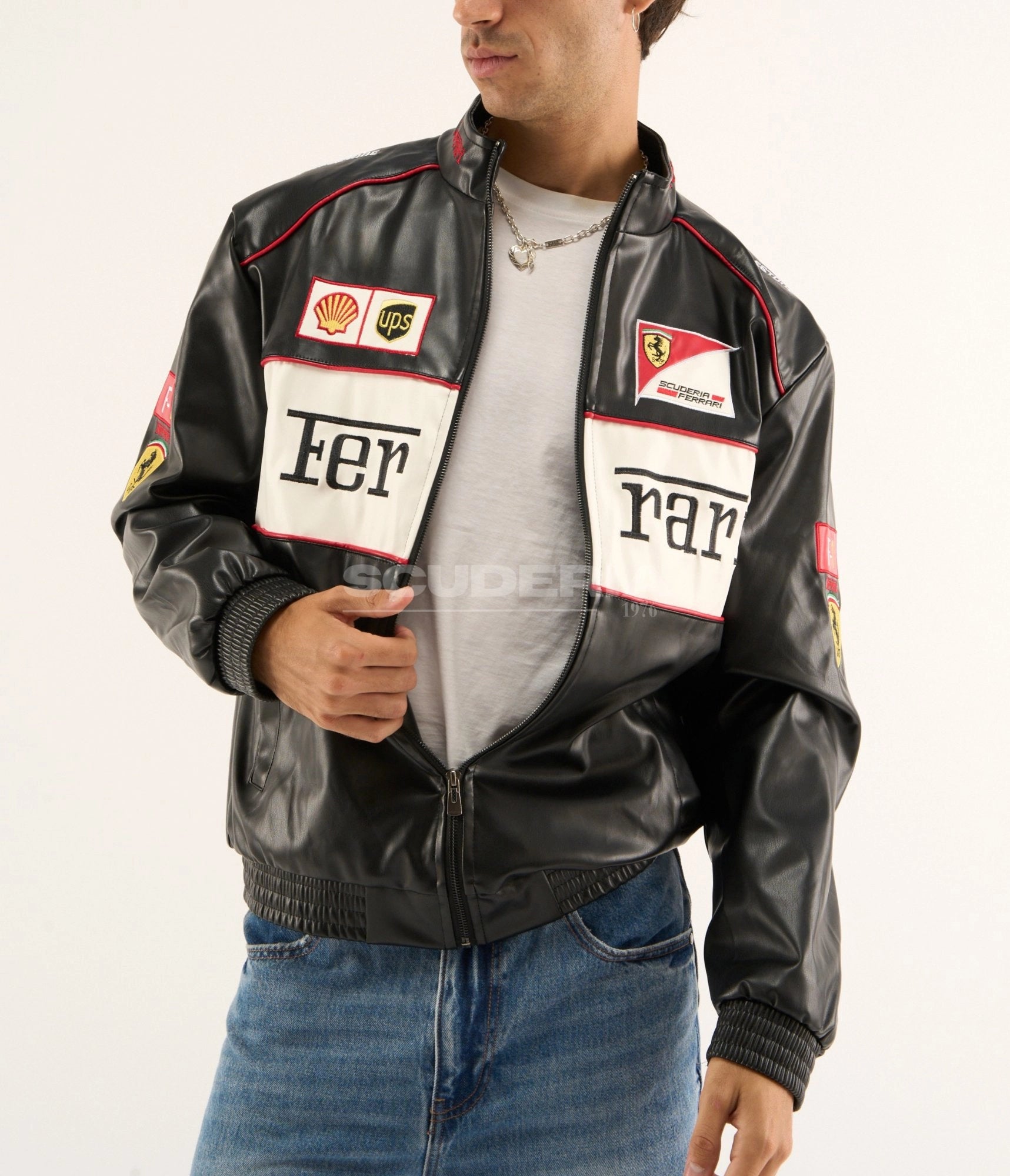 Scuderia Ferrari F1 Vintage Leather Jacket Black White Open Front Men Shell UPS Prancing Horse