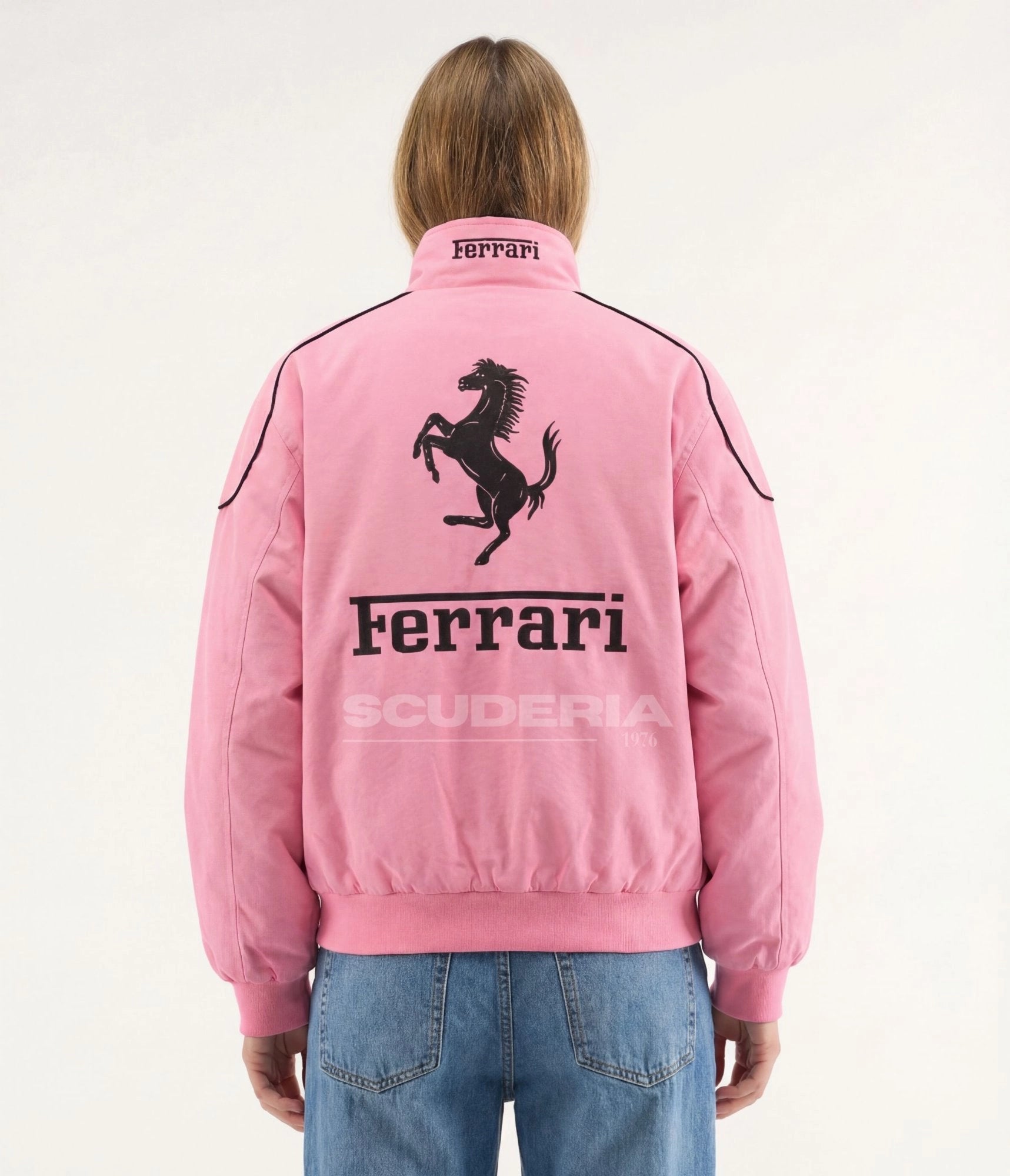Scuderia Ferrari F1 Vintage Racing Jacket Pink Back View Women Prancing Horse Logo Embroidered