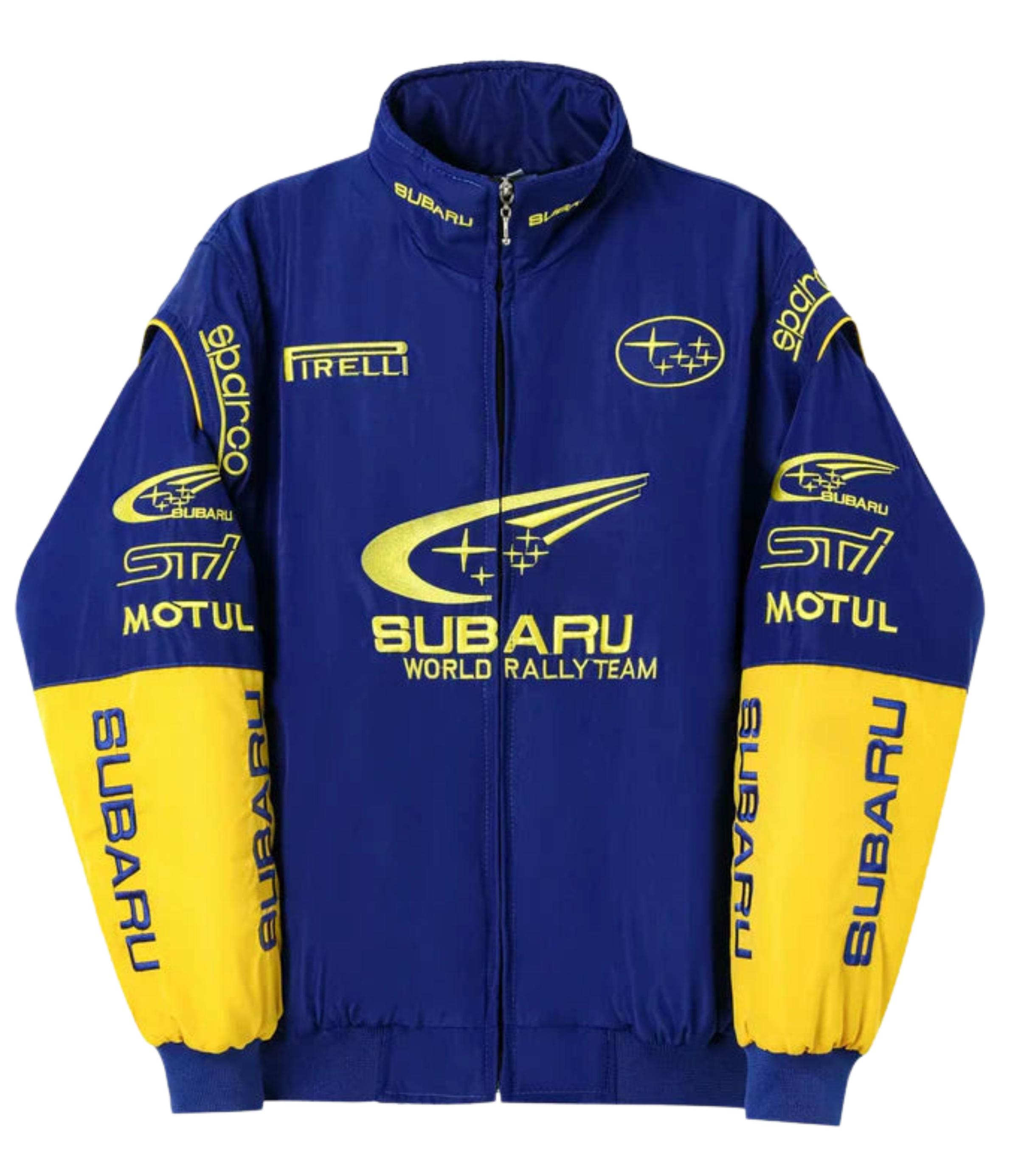 Blue and yellow Subaru World Rally Team jacket