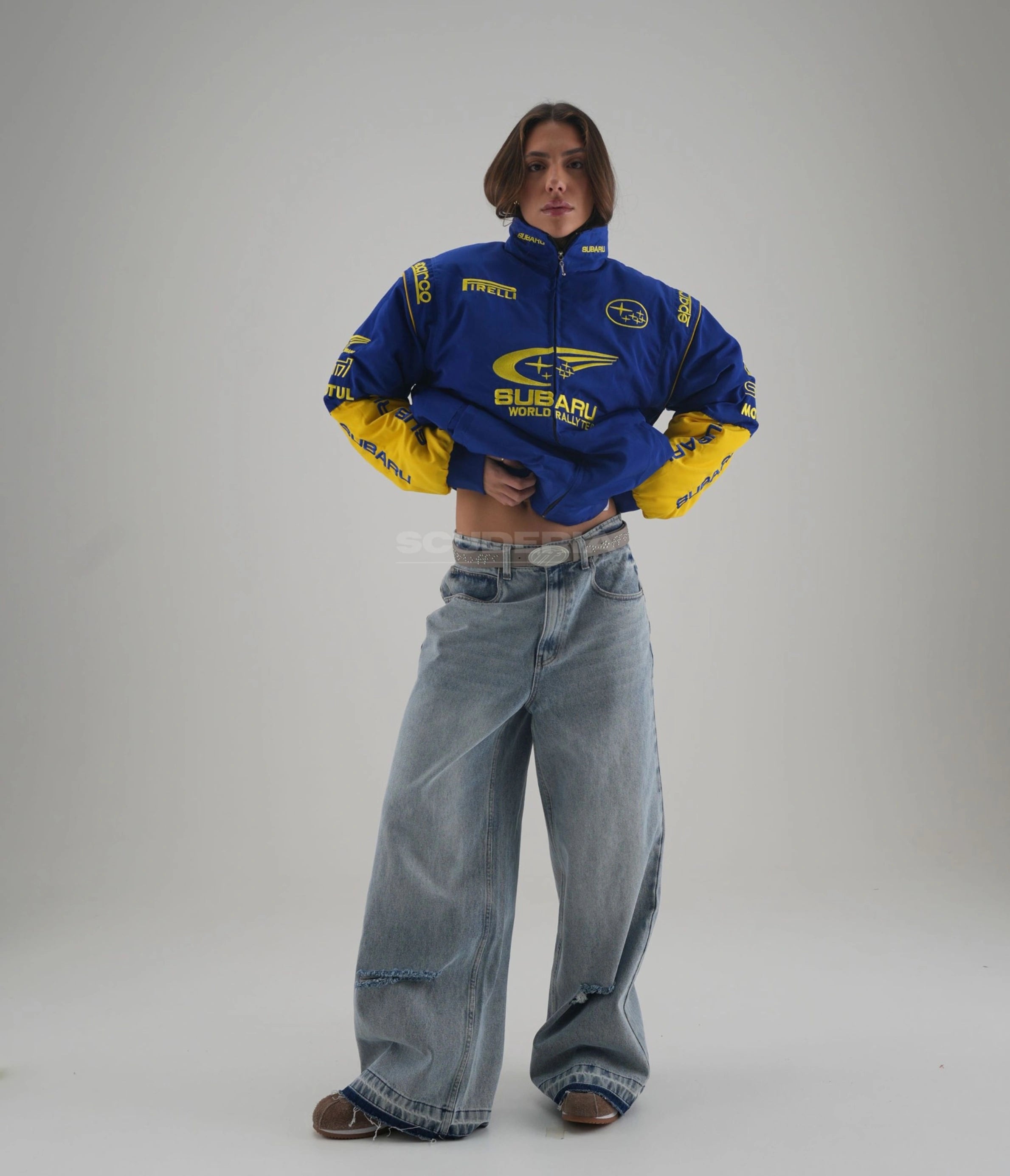 Subaru World Rally Team Vintage Racing Jacket Blue Yellow Front View Women Sparco Pirelli STI Embroidered