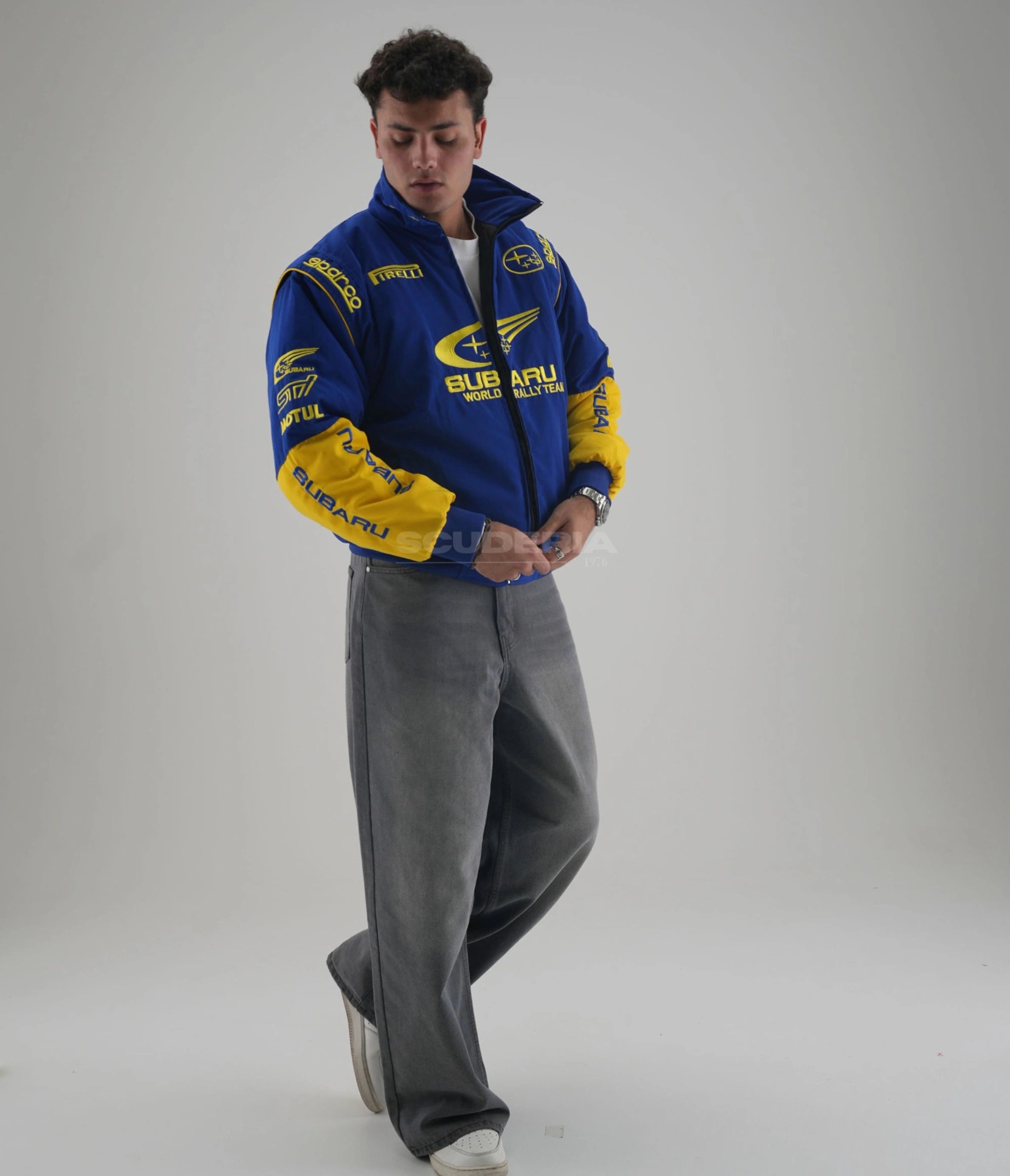Subaru World Rally Team Vintage Racing Jacket Blue Yellow Front Close Up Men Sparco Pirelli Motul Patches