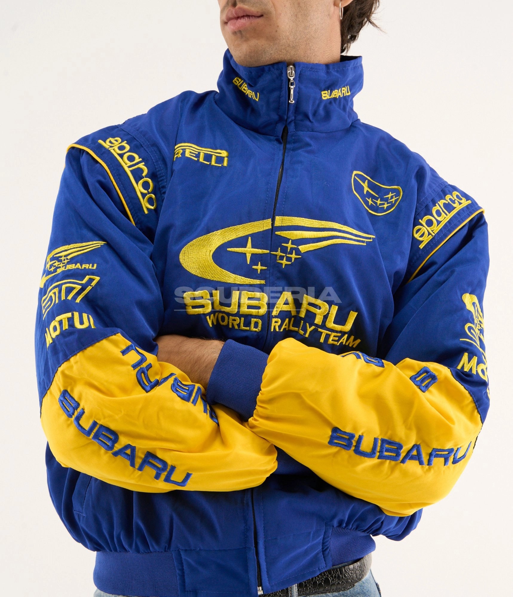 Subaru World Rally Team Vintage Racing Jacket Blue Yellow Front Close Up Men Sparco Pirelli Motul Patches