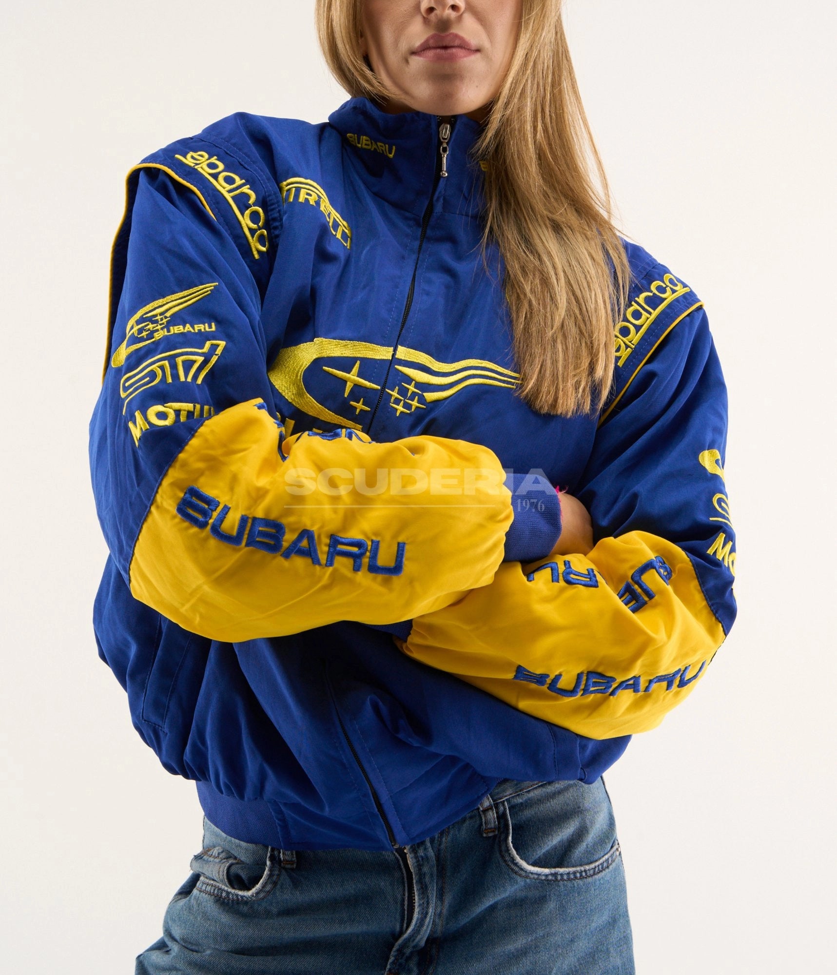 Subaru World Rally Team Vintage Racing Jacket Blue Yellow Front View Women Sparco Pirelli STI Embroidered