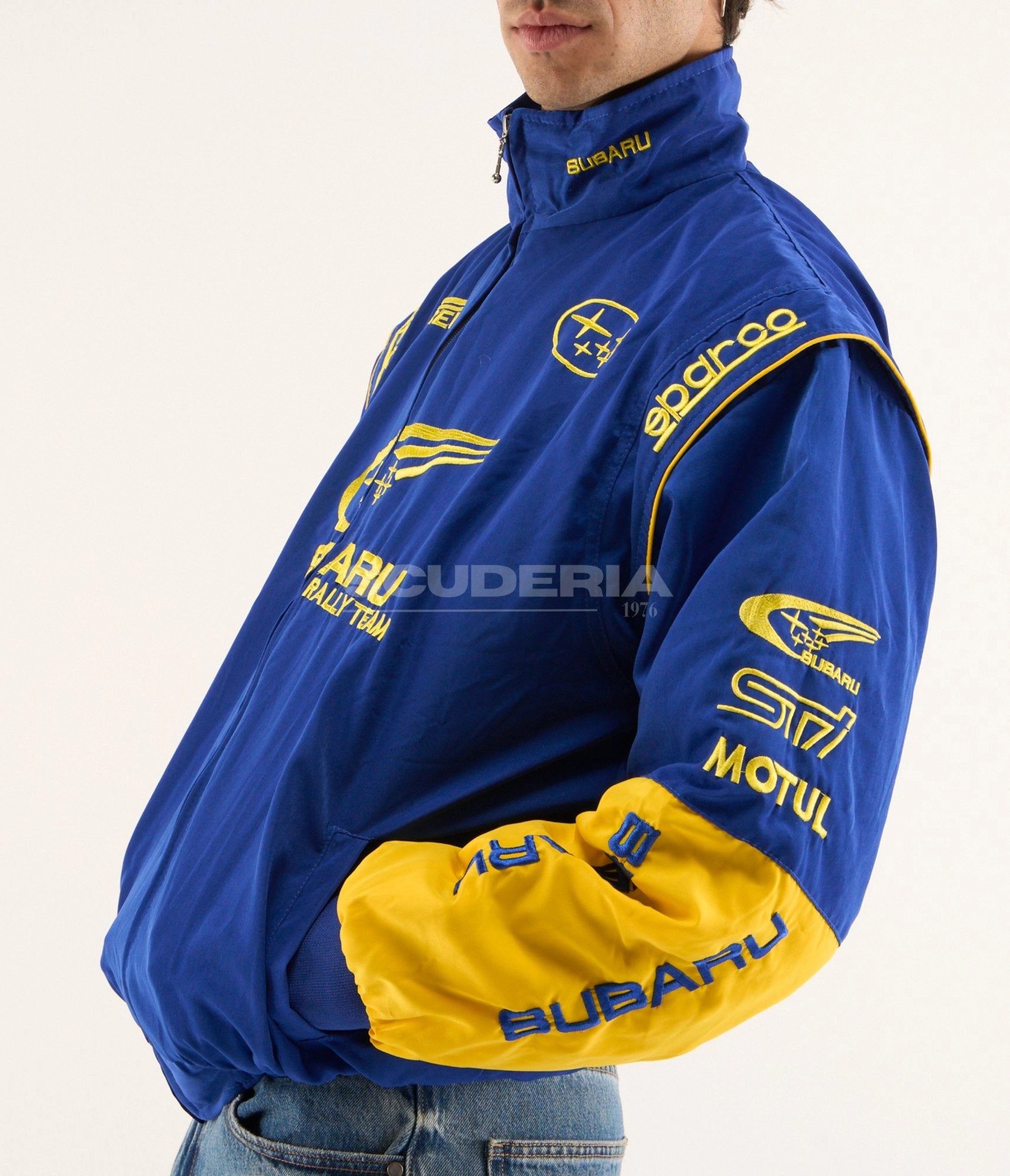 Subaru World Rally Team Vintage Racing Jacket Blue Yellow Side Sleeve Men STI Motul Sparco Detail