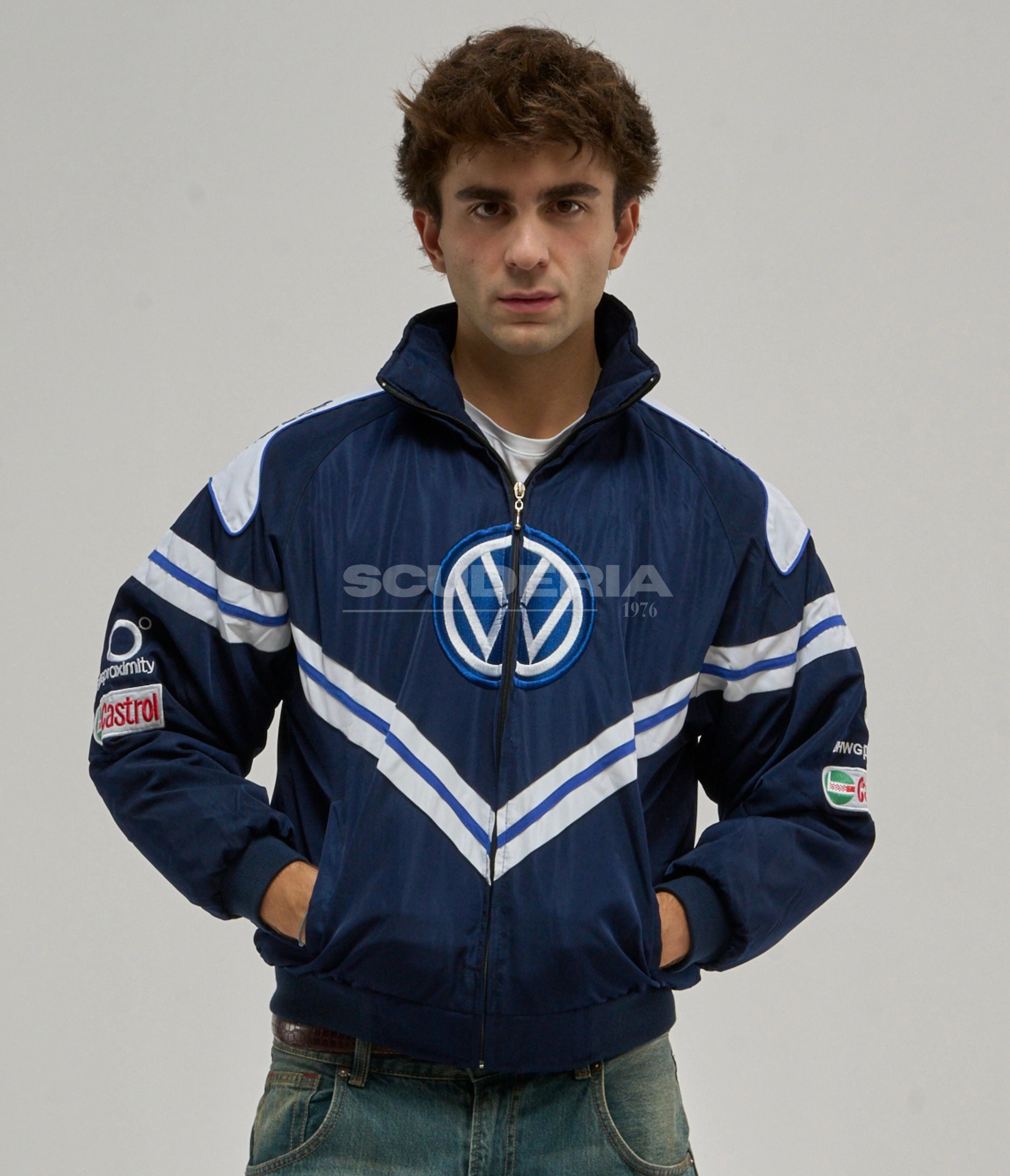 Volkswagen Vintage Racing Jacket Navy Blue White Front View Men VW Logo Castrol Pirelli Motorsport