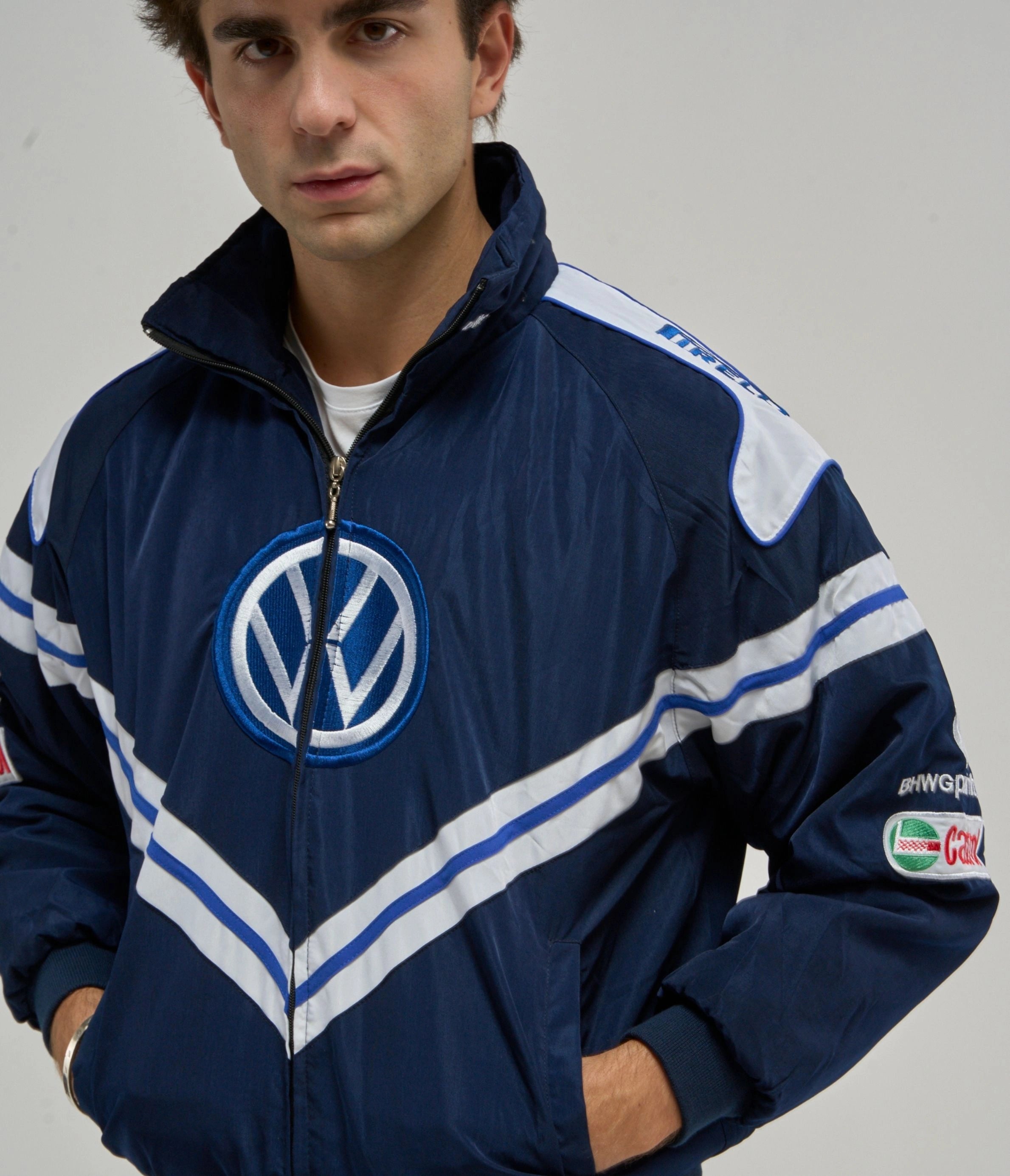 Volkswagen Vintage Racing Jacket Navy Blue White Front View Men VW Logo Castrol Pirelli Motorsport