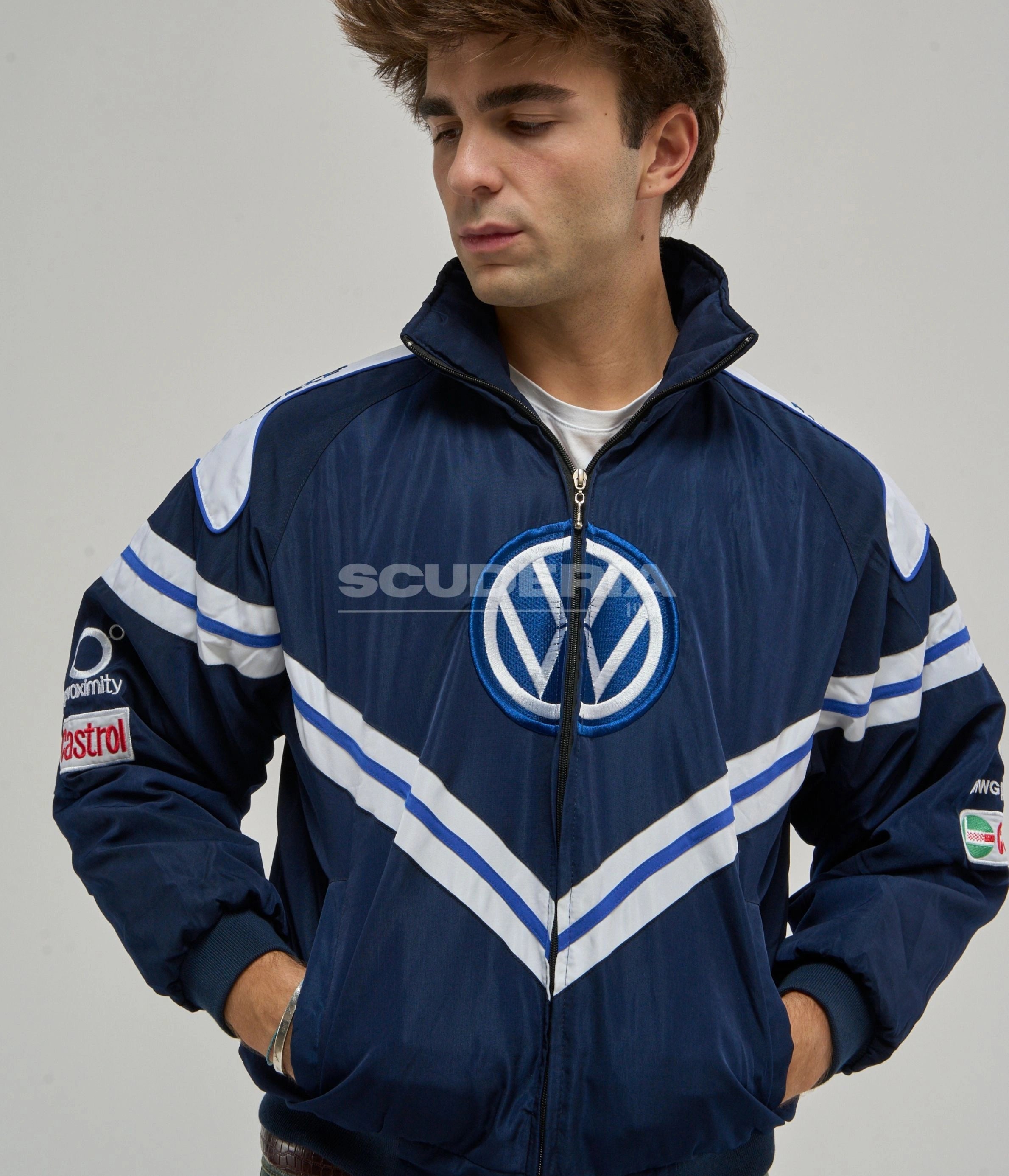Volkswagen Vintage Racing Jacket Navy Blue White Front View Men VW Logo Castrol Pirelli Motorsport