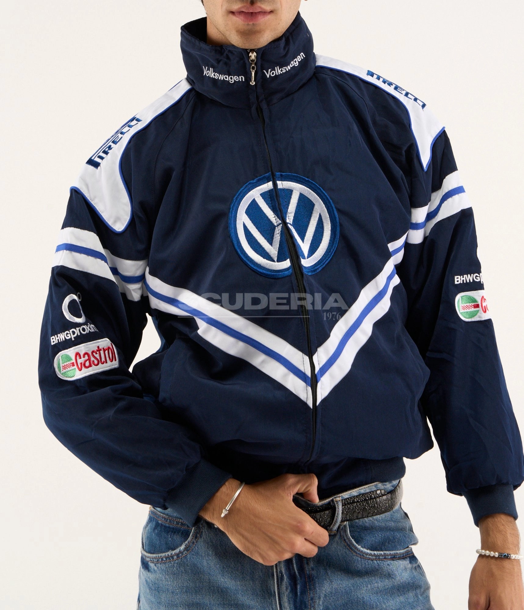 Volkswagen Vintage Racing Jacket Navy Blue White Front Close Up Men VW Logo Castrol BHWGProxim Pirelli Patches