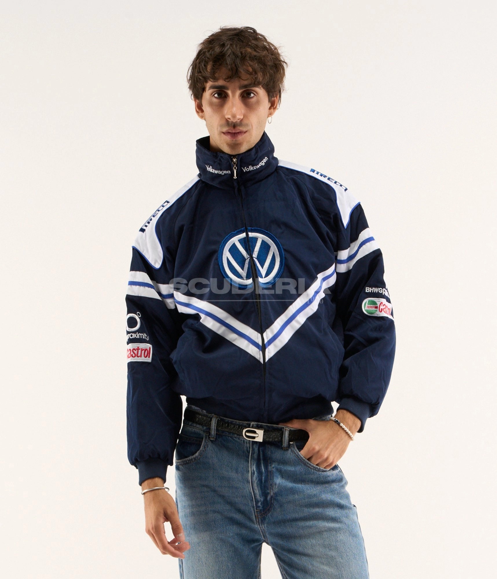 Volkswagen Vintage Racing Jacket Navy Blue White Front View Men VW Logo Castrol Pirelli Motorsport