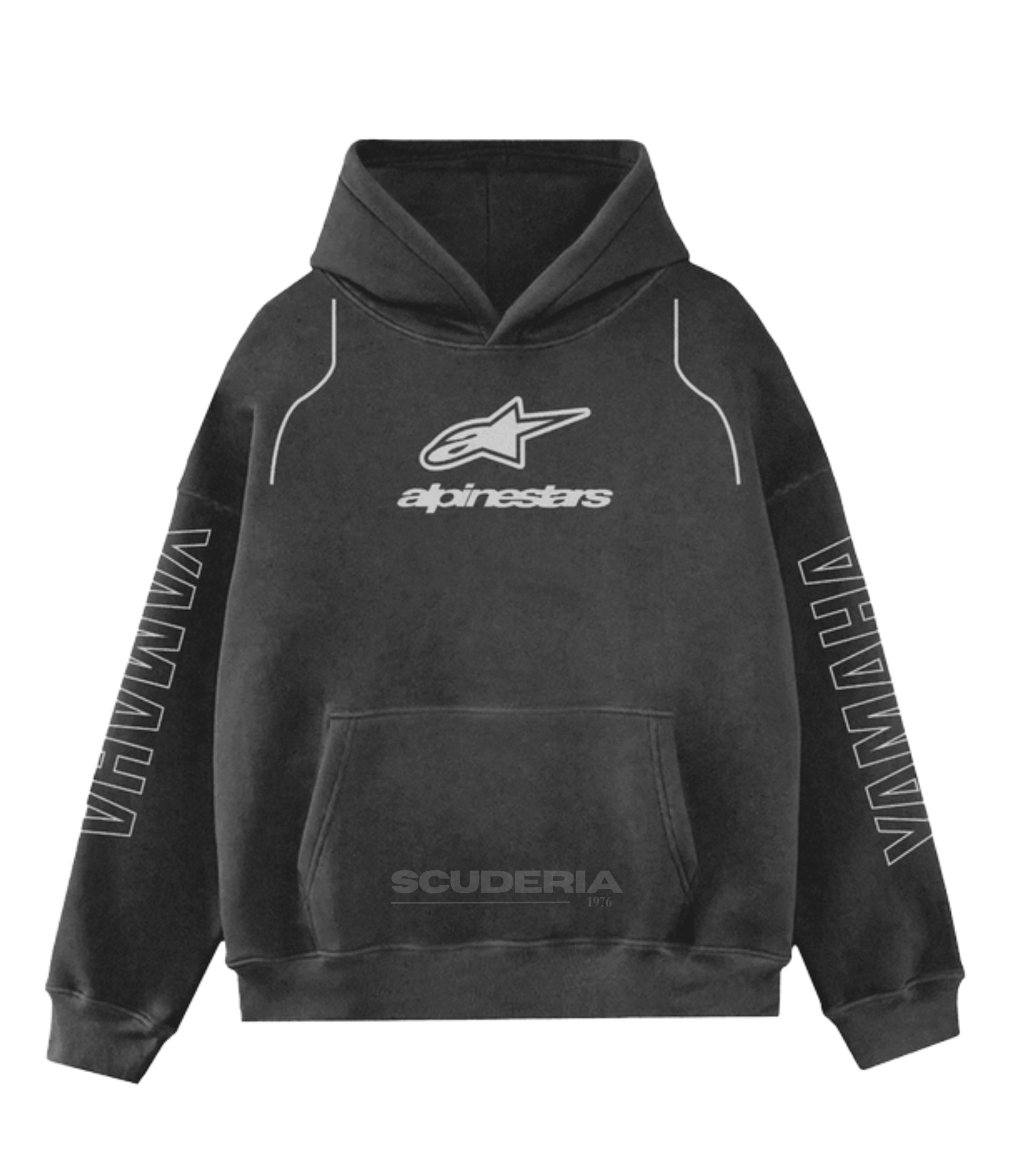 Yamaha x Alpinestars Racing Hoodie black washed front view men – vintage motorsport sweatshirt with Alpinestars star chest logo, Yamaha sleeve print both arms, piping detail, oversized moto racing streetwear