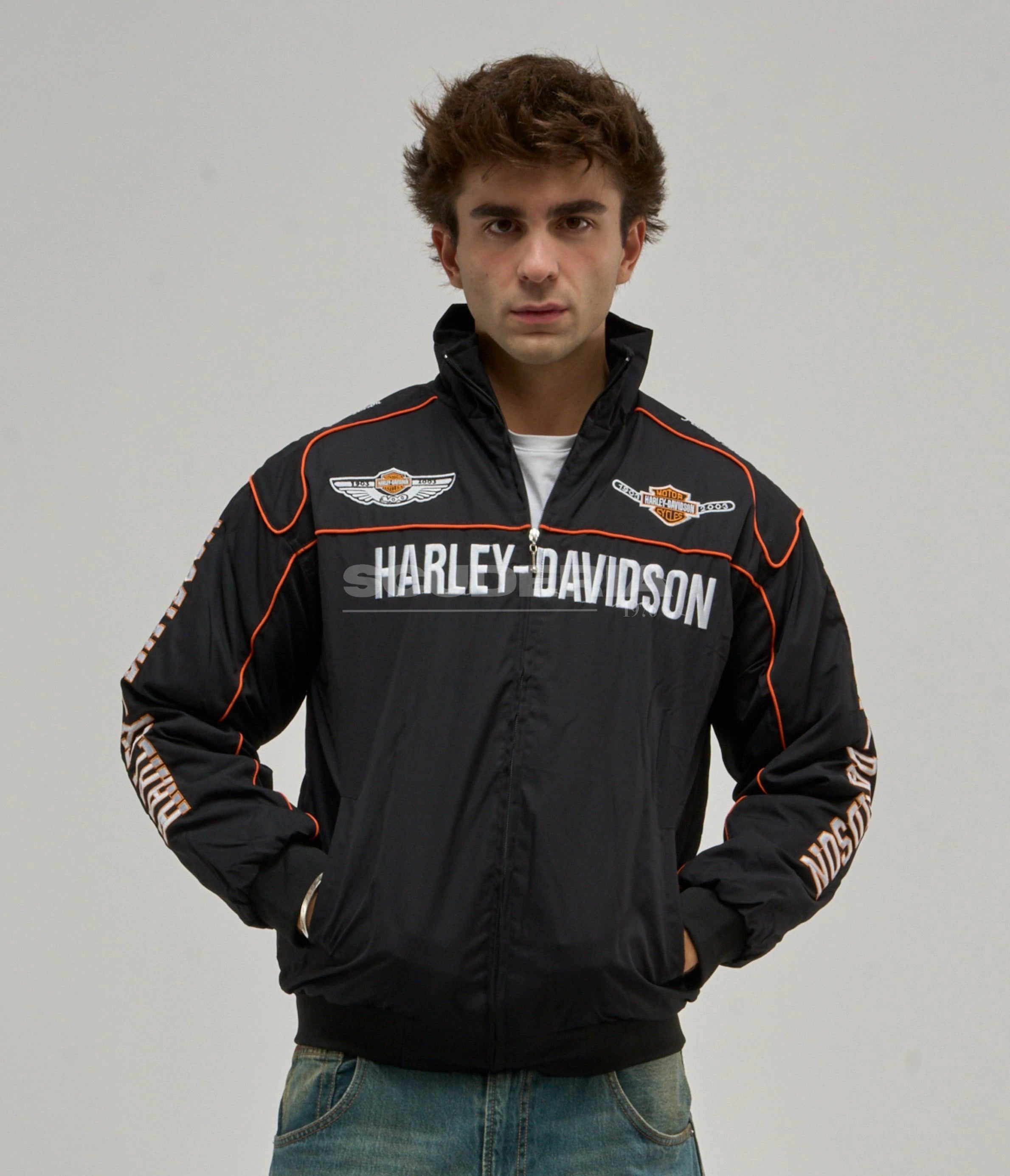 Harley Davidson 100th Anniversary Vintage Racing Jacket Black Orange Front View Men Bar Shield Logo