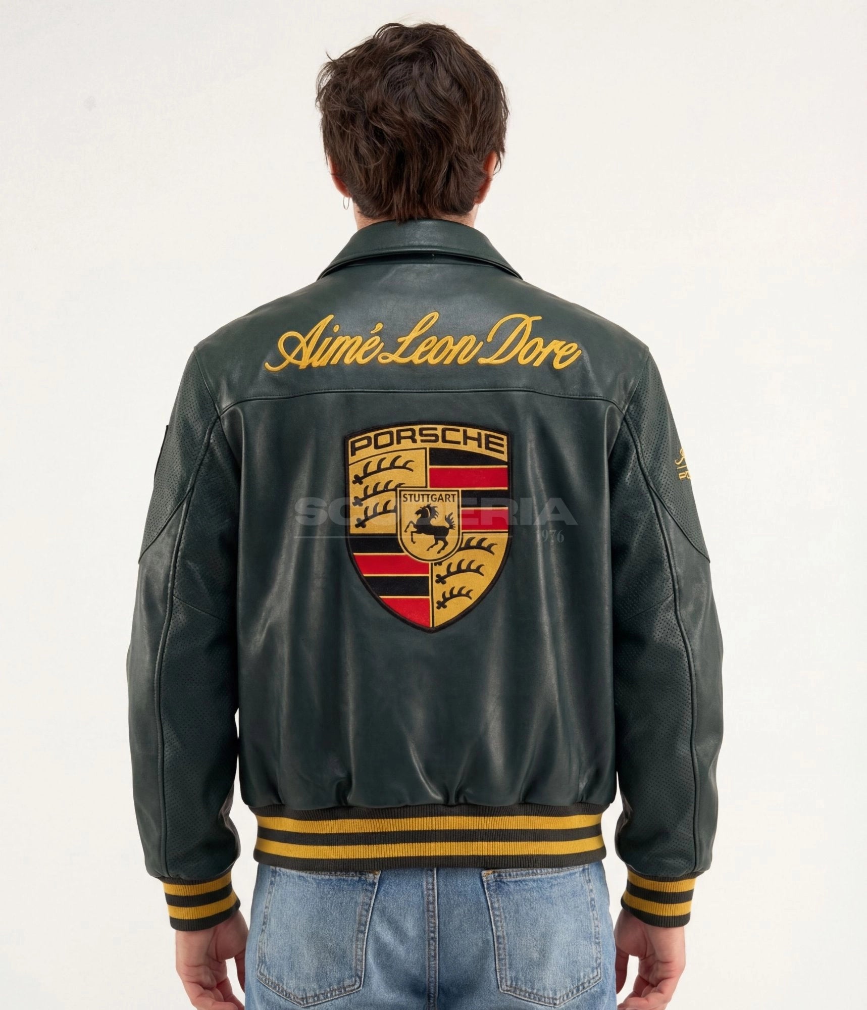Aimé Leon Dore x Porsche 993 Turbo Leather Club Jacket green back view men – vintage racing leather bomber with large embroidered Porsche Stuttgart crest, Aimé Leon Dore script lettering in gold, perforated sleeves
