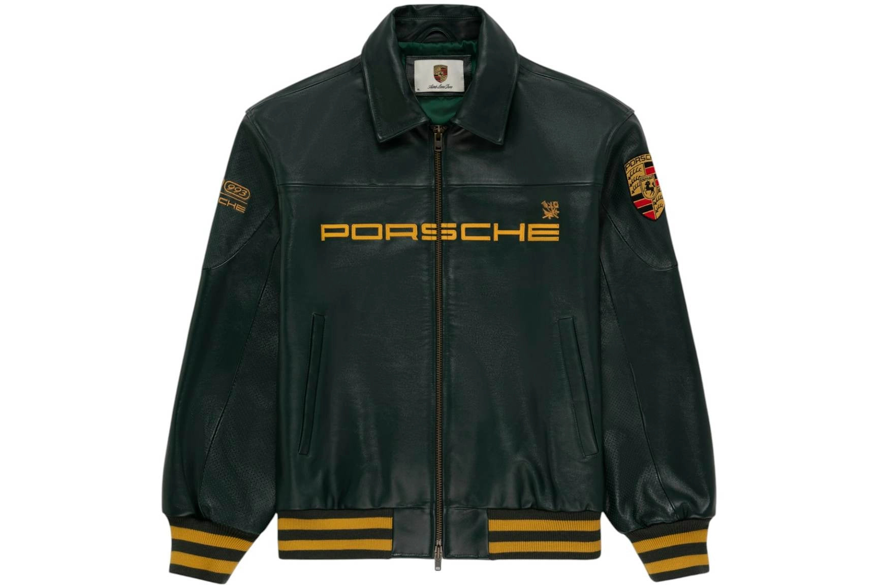 Aimé Leon Dore x Porsche 993 Turbo Leather Club Jacket British Racing Green front view flat lay – vintage racing leather bomber with gold embroidered Porsche logo, Porsche crest patch on sleeve, 993 embroidery, gold striped ribbed cuffs and hem, white background