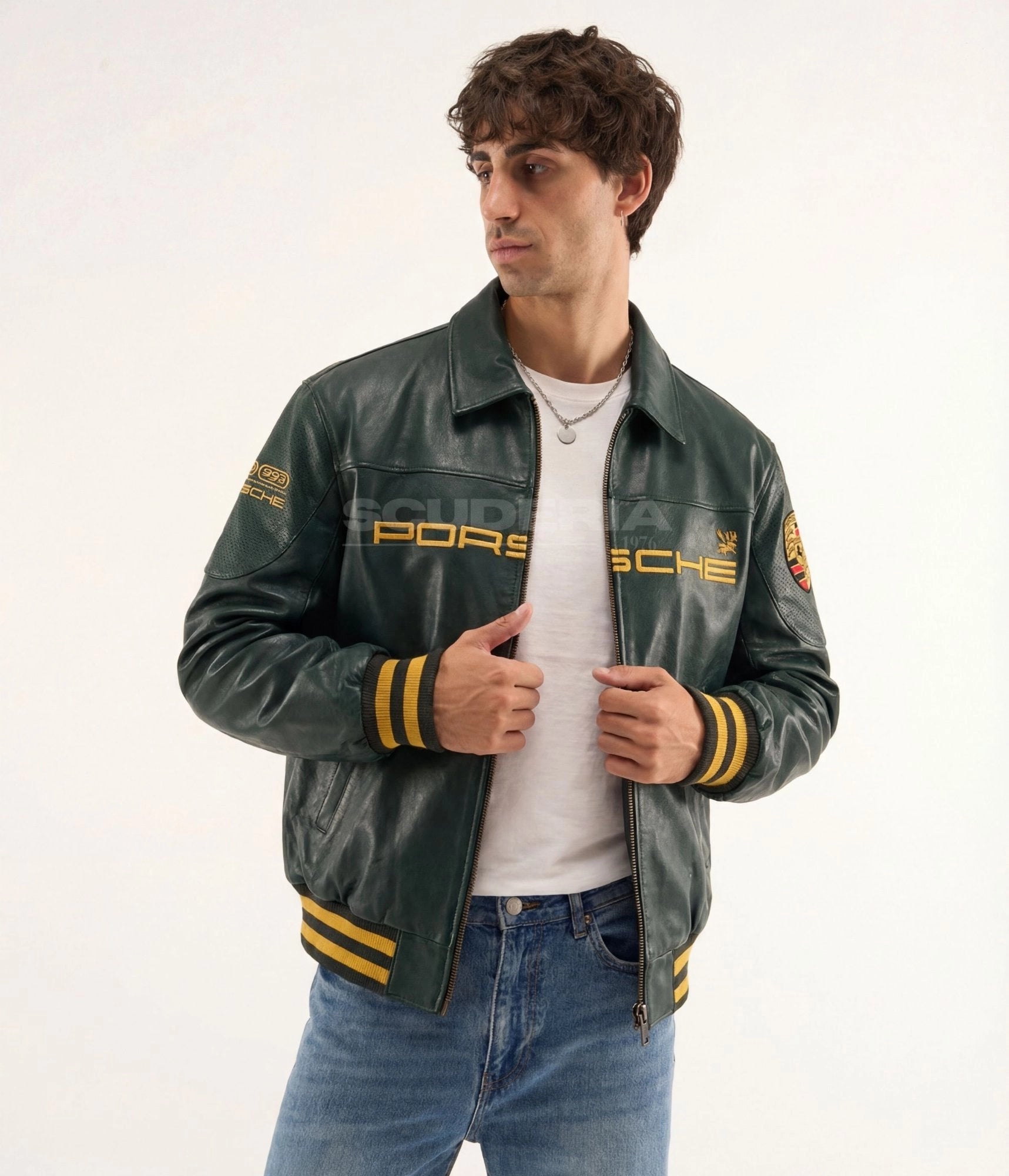 Aimé Leon Dore x Porsche 993 Turbo Leather Club Jacket green front open men – vintage racing leather bomber with gold embroidered Porsche logo, perforated leather panels, Porsche crest patch, gold striped ribbed trim