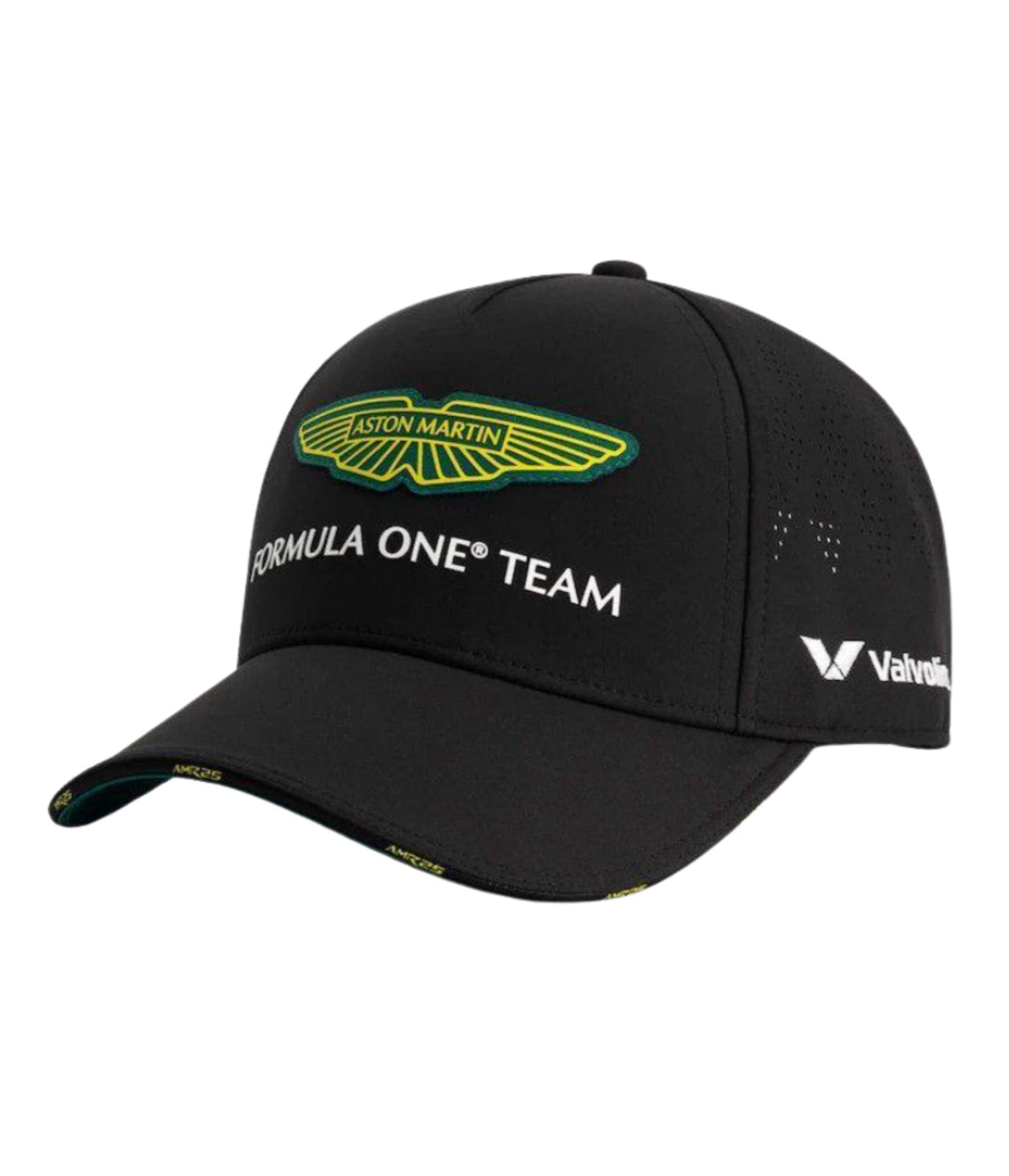 Black Aston Martin F1 2025 cap at an angle showing laser-cut vents and Valvoline marking