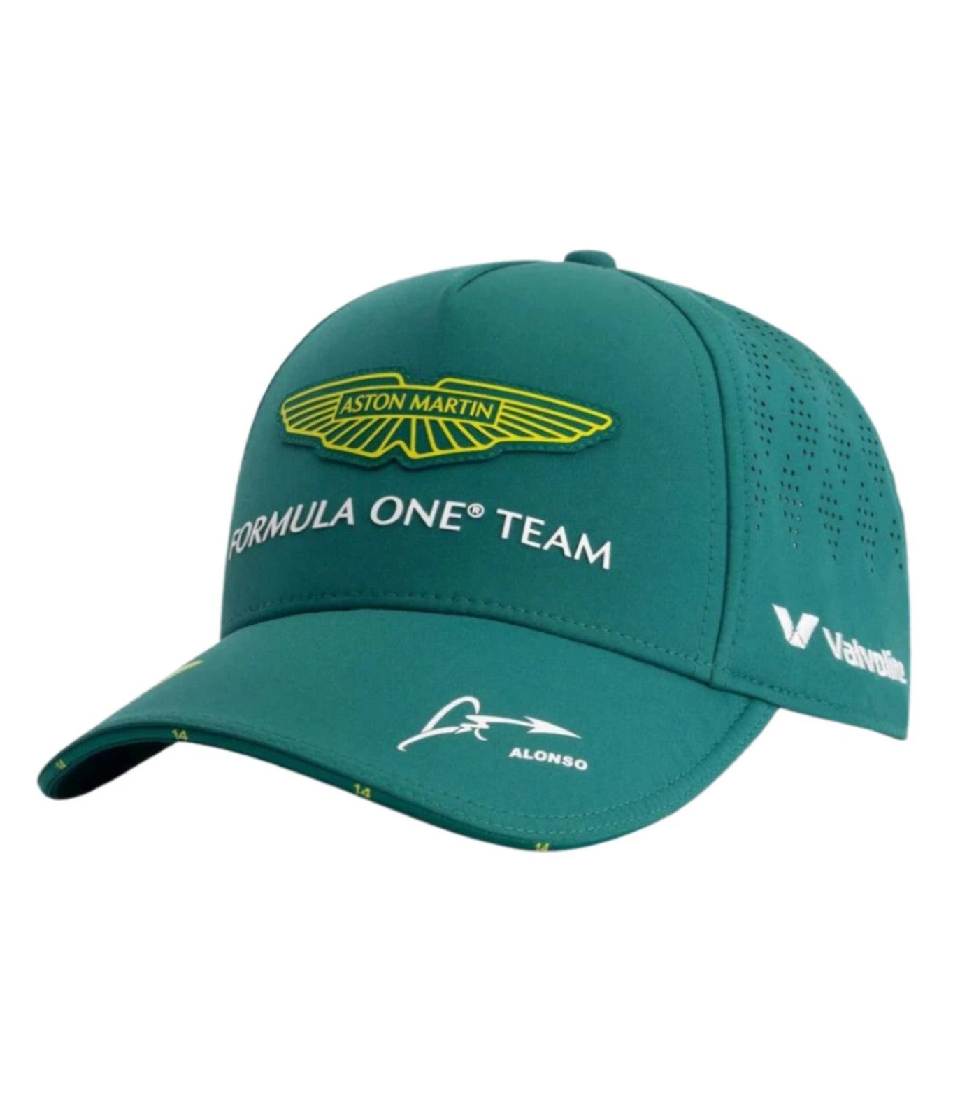 Green Aston Martin F1 Alonso 2025 cap at an angle with the signature and Valvoline marking