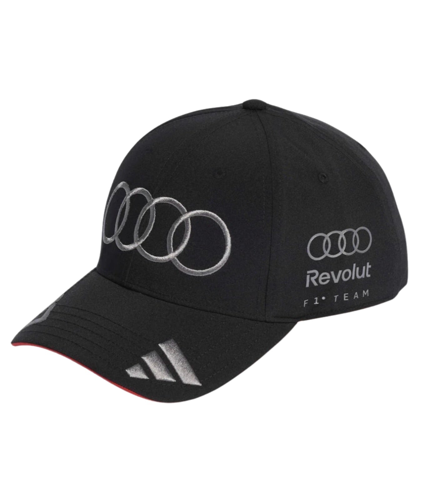 Audi F1 2026 black cap seen at an angle with oversized silver four rings