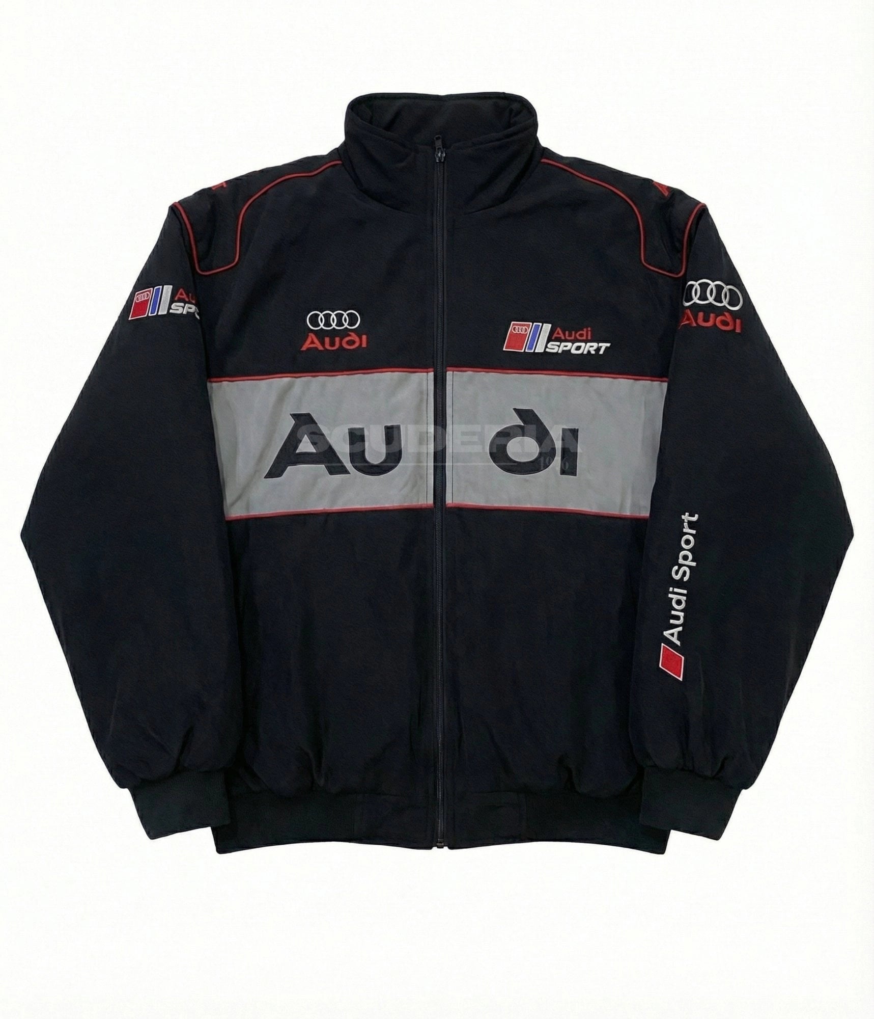 Audi Sport black grey embroidered padded bomber jacket – front view – Scuderia1976