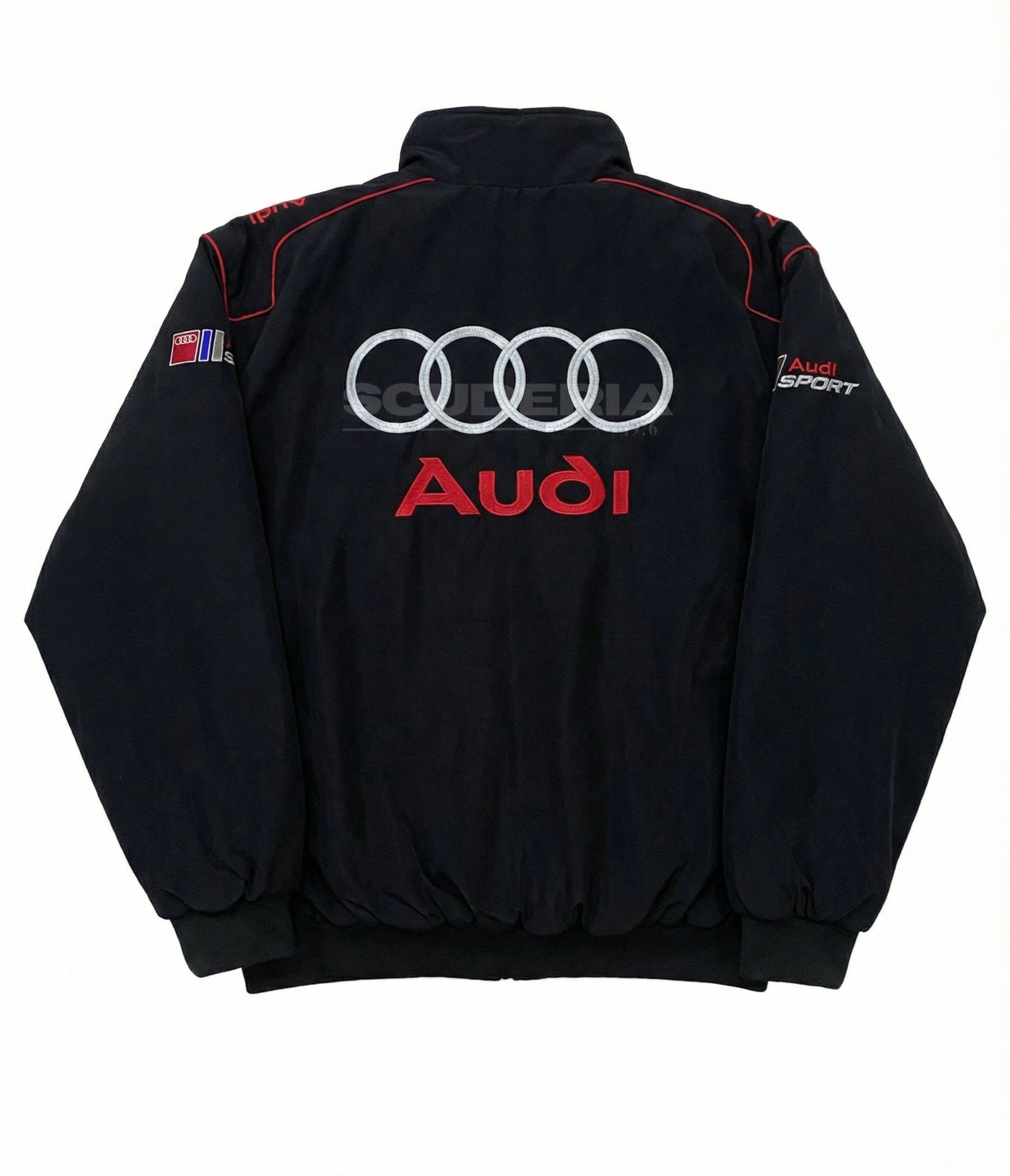 Audi Sport black grey embroidered padded bomber jacket – back view four rings logo – Scuderia1976