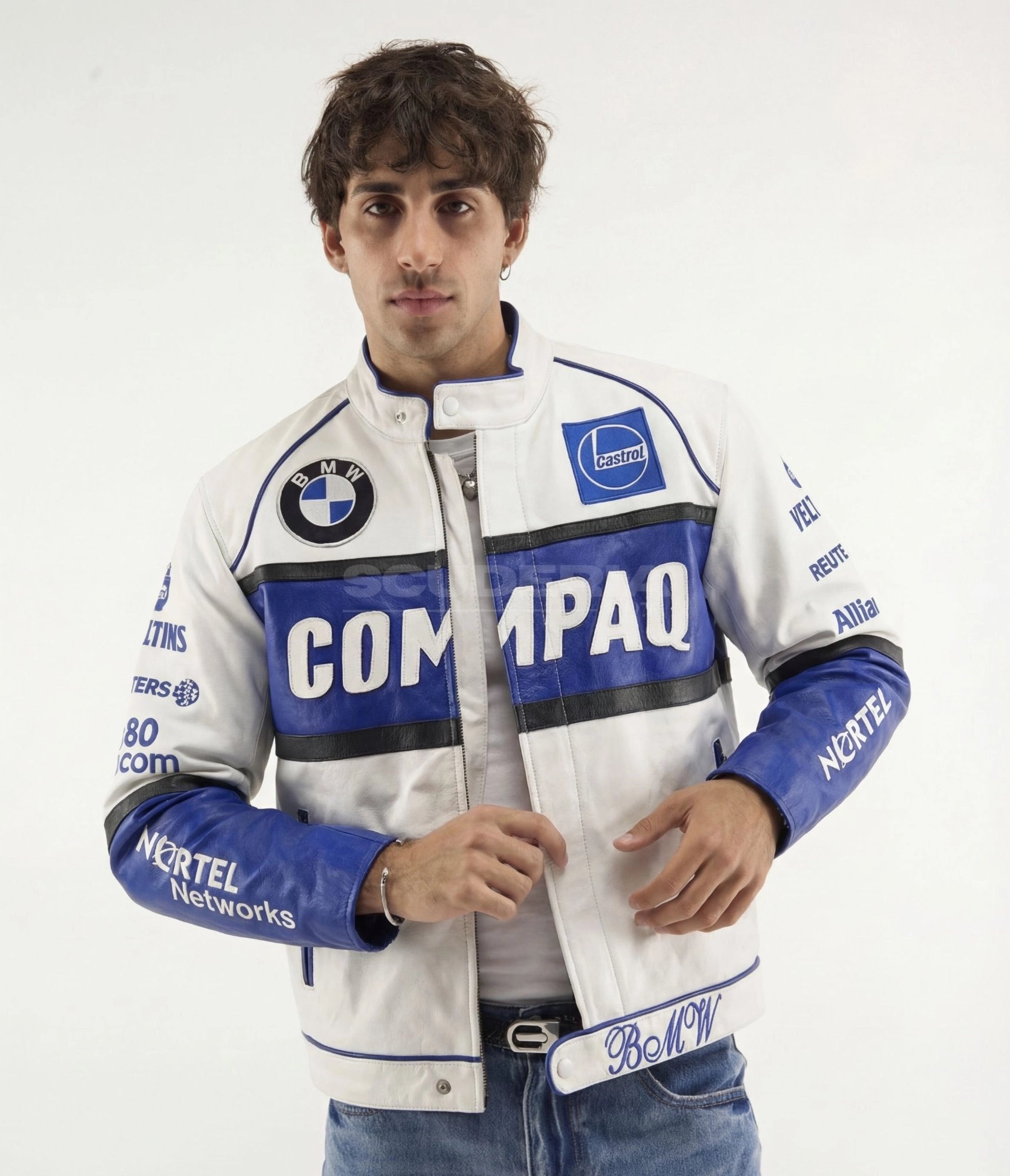 BMW Vintage Leather Jacket white blue front detail men – vintage moto leather jacket showing Compaq chest panel, BMW roundel patch, Castrol, Veltins, Nortel Networks and Allianz patches close-up, BMW script hem