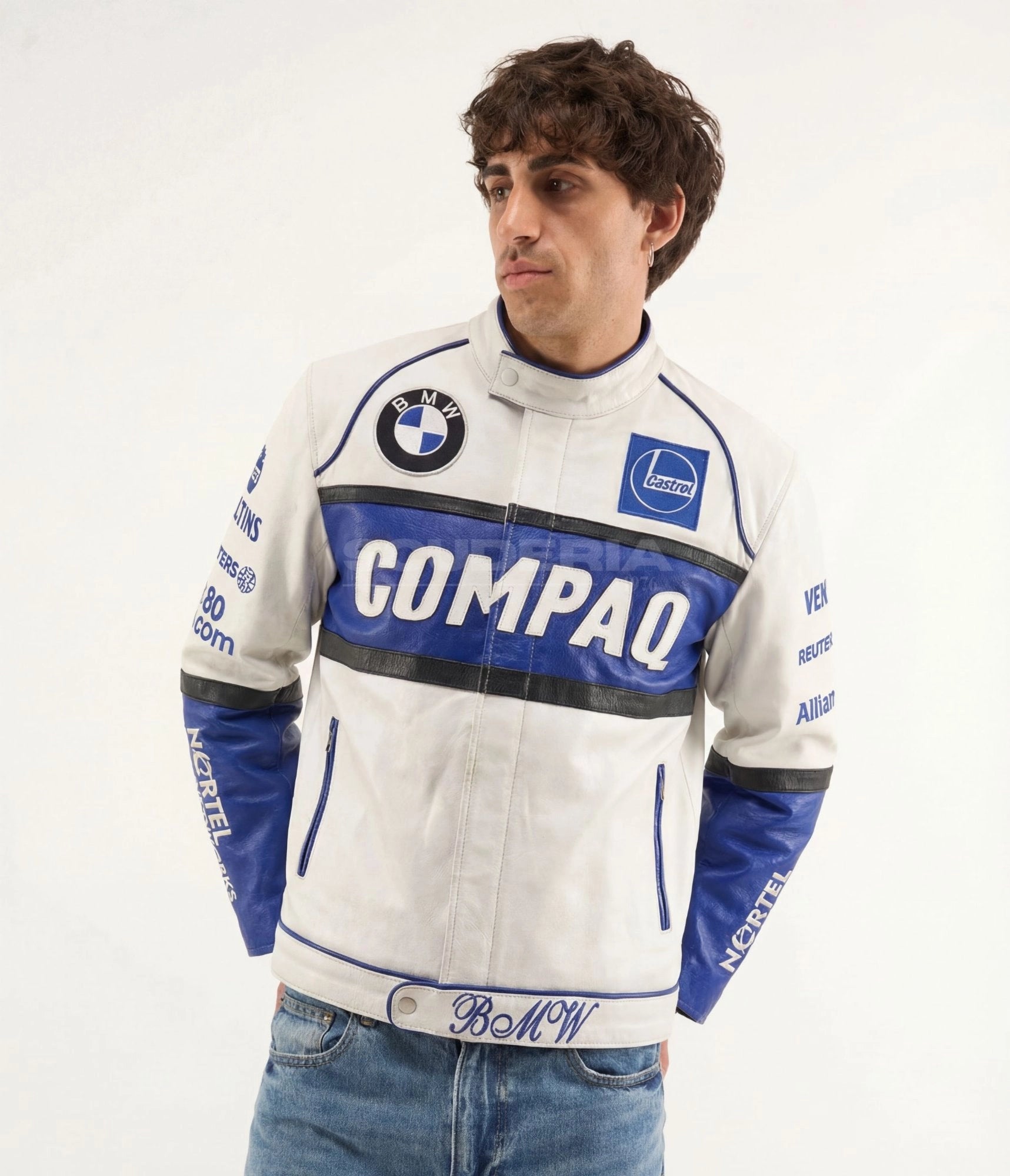  BMW Vintage Leather Jacket white blue front view men – vintage moto leather jacket with Compaq chest panel, BMW roundel patch, Castrol, Nortel Networks and Allianz patches, blue sleeves, BMW script hem