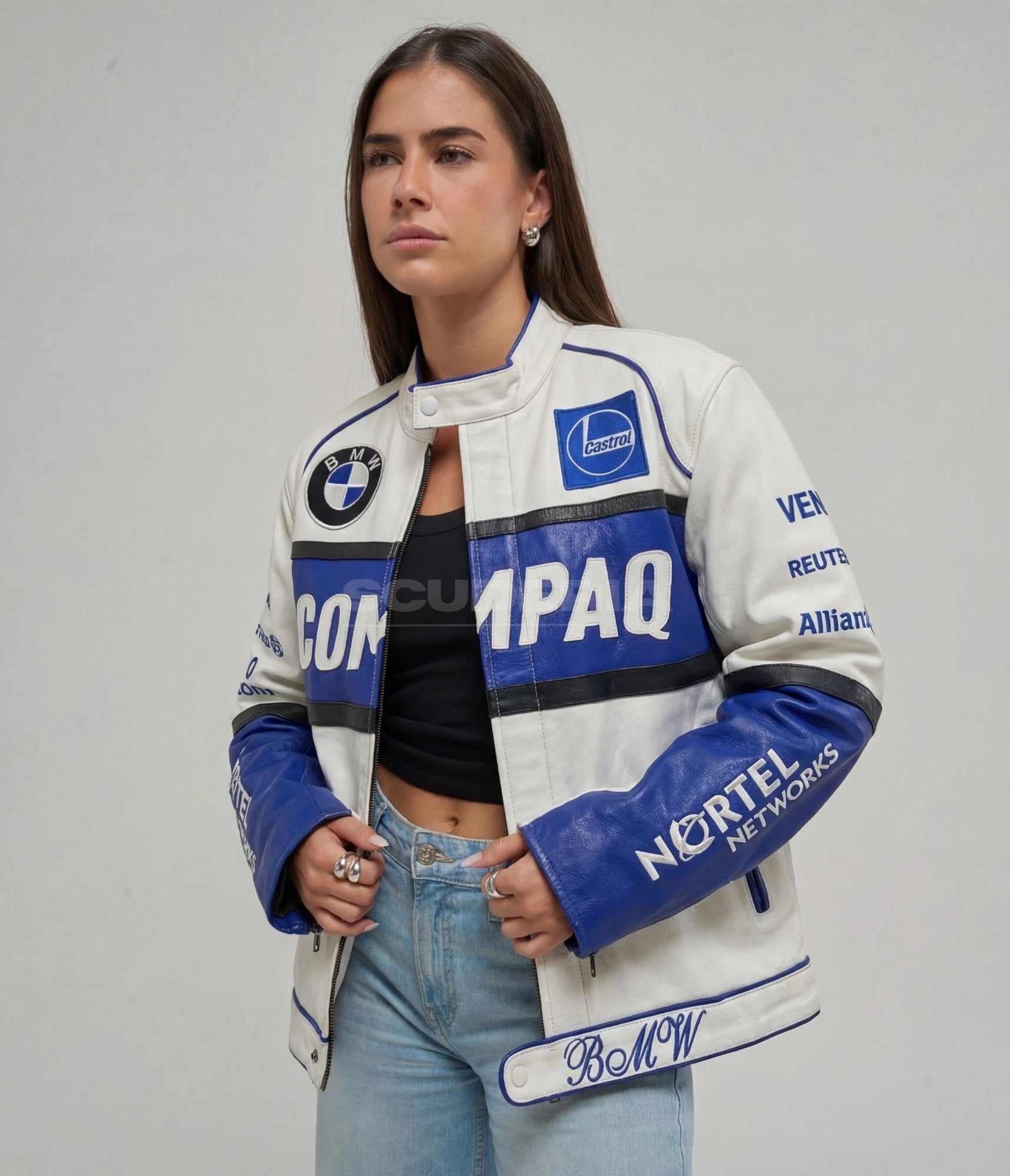 BMW Vintage Leather Jacket white blue front open view women – vintage moto leather jacket with Compaq chest panel, BMW roundel patch, Castrol, Nortel Networks and Reuters patches, blue sleeves, BMW script hem