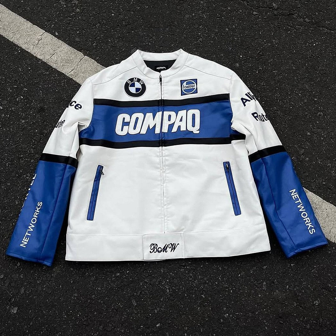 BMW Vintage Leather Jacket white blue front detail men – vintage moto leather jacket showing Compaq chest panel, BMW roundel patch, Castrol, Veltins, Nortel Networks and Allianz patches close-up, BMW script hem