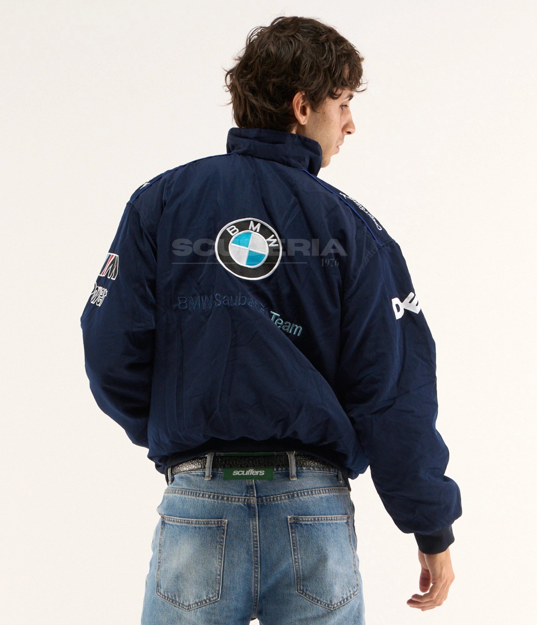 BMW M Power Sauber Petronas navy blue embroidered padded bomber jacket – men back view – Scuderia1976