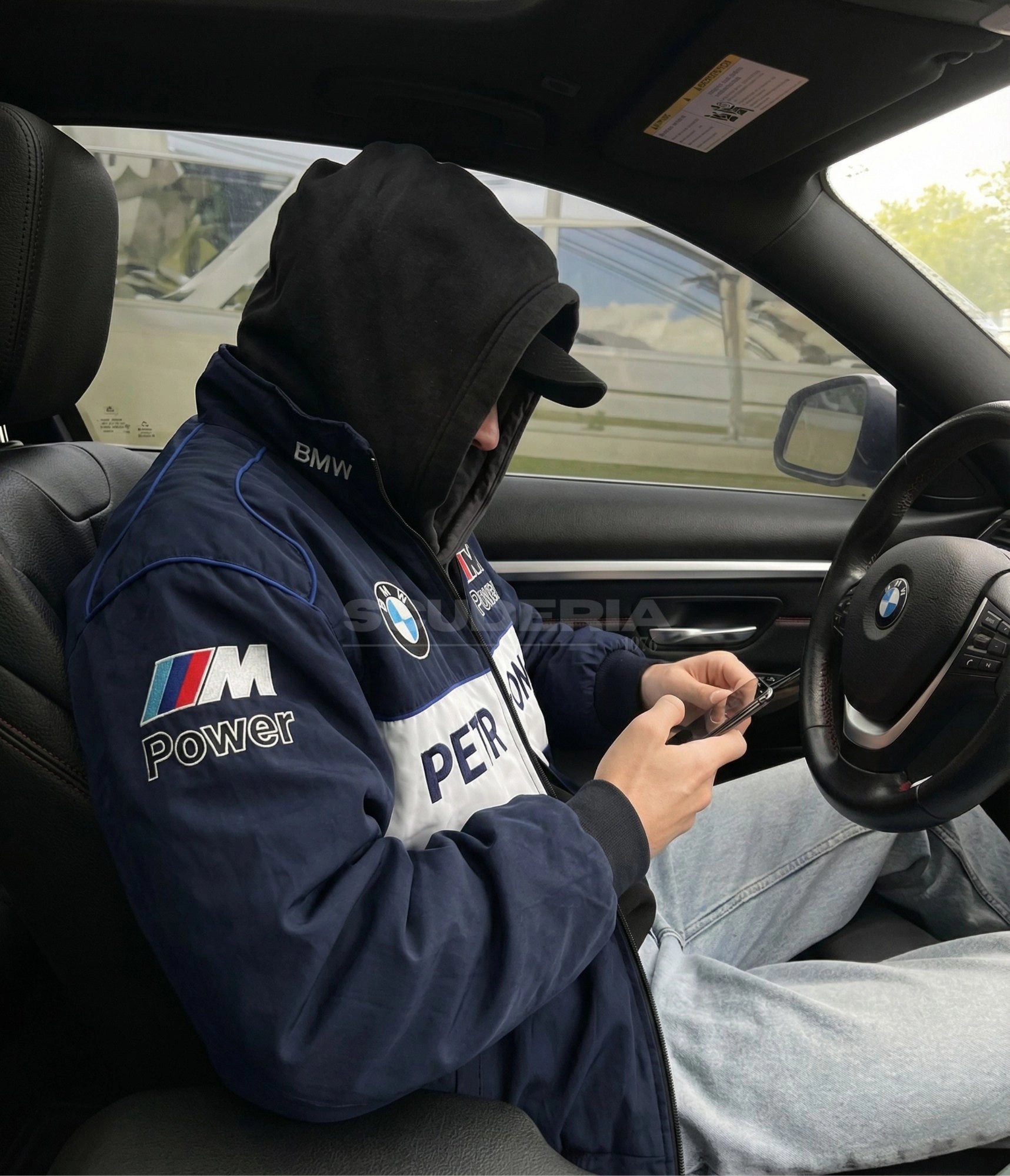 BMW M Power Sauber Petronas navy blue embroidered padded bomber jacket – men street style front view – Scuderia1976