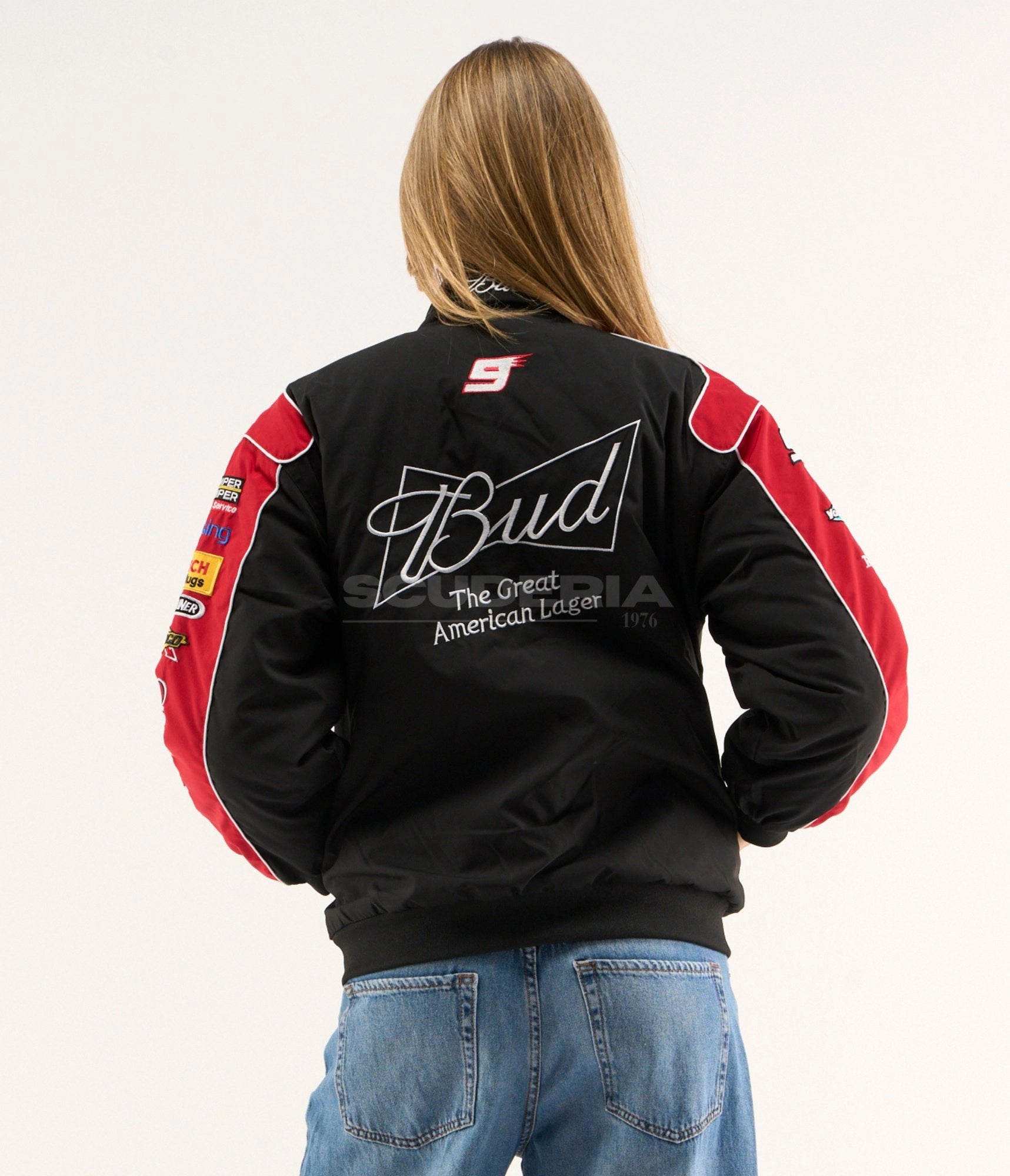  Budweiser black red embroidered padded bomber jacket – women back view – Scuderia1976