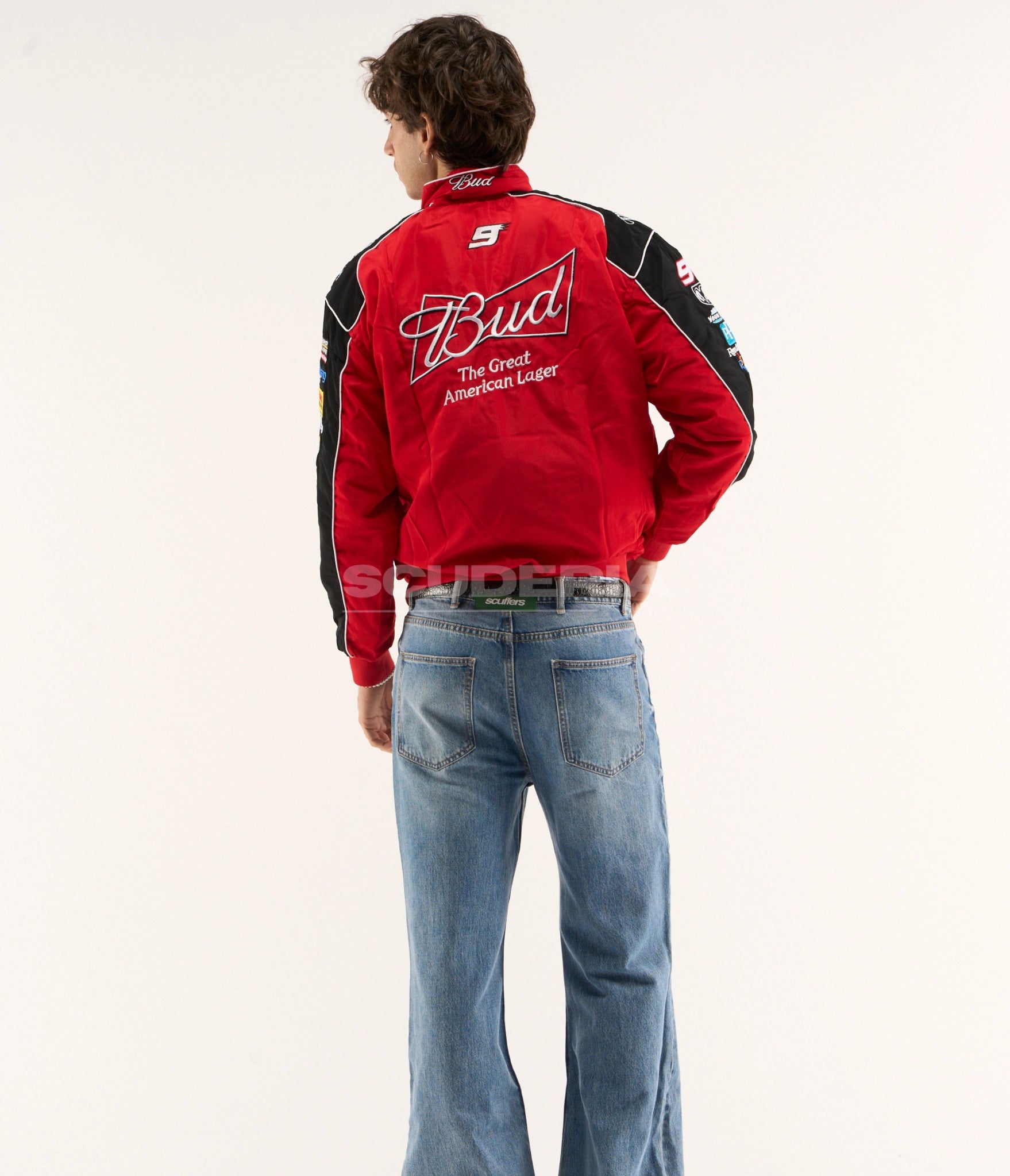 Budweiser Racing Vintage Jacket Red Edition back view with embroidered Budweiser logo motorsport jacket