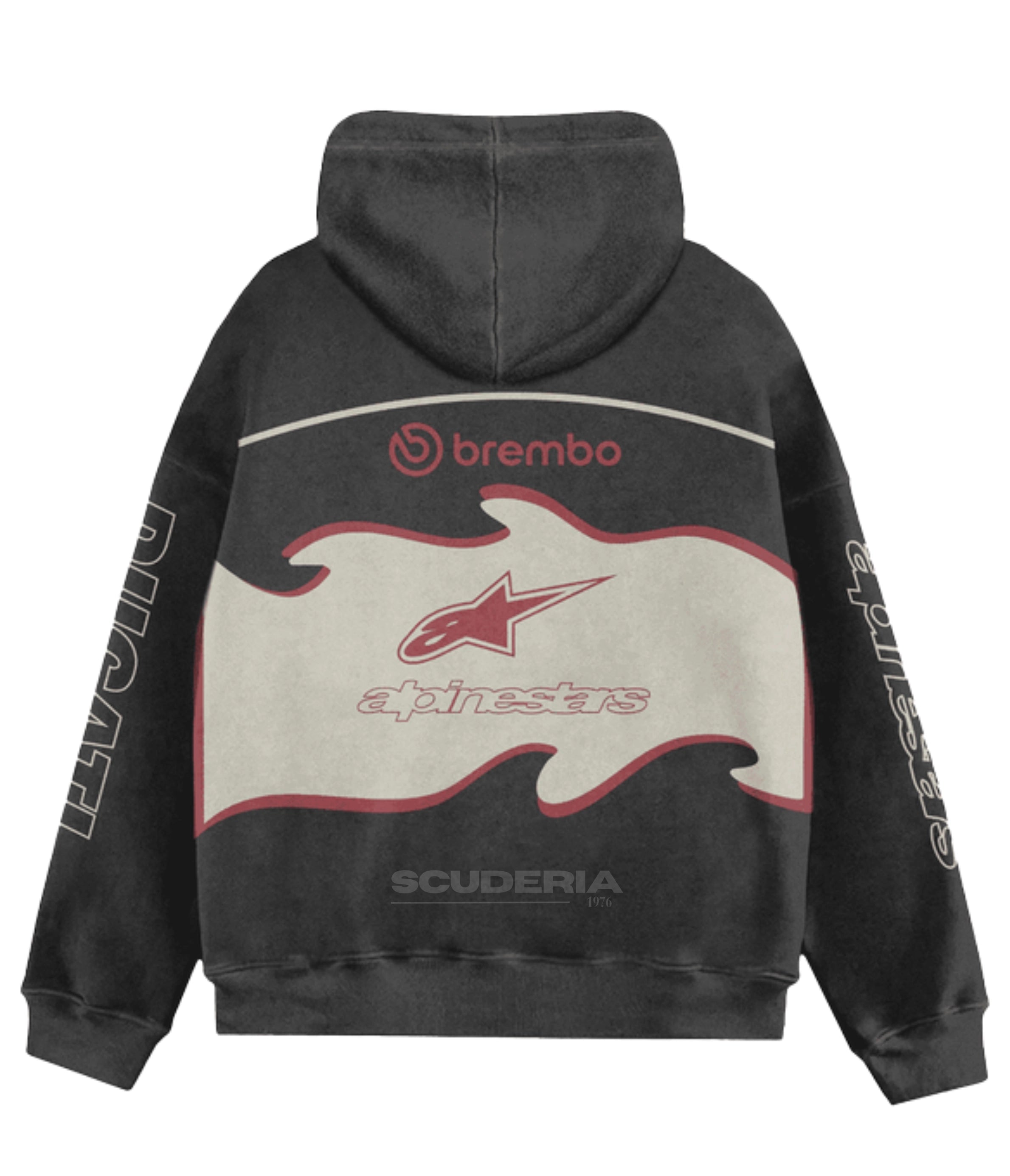Ducati x Alpinestars Racing Hoodie black washed back view men – vintage racing sweatshirt with Brembo sponsor logo, Alpinestars star graphic on cream flame panel, moto GP streetwear hoodie oversized fit