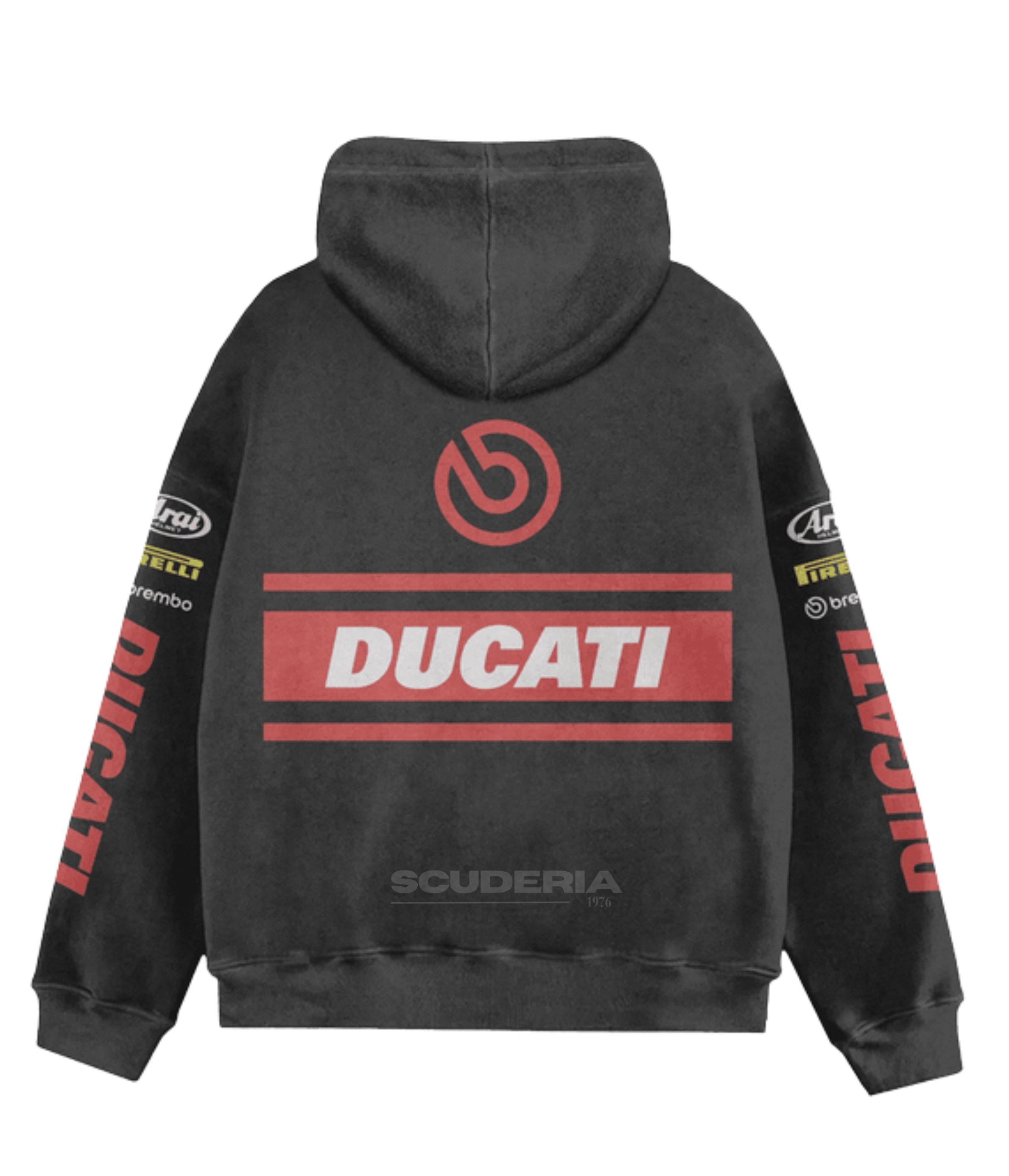 Ducati Brembo Racing Hoodie black washed back view men – vintage motorsport hoodie with oversized Ducati red banner on back, large Brembo circular logo, Pirelli and Arai sleeve sponsors, washed charcoal racing sweatshirt