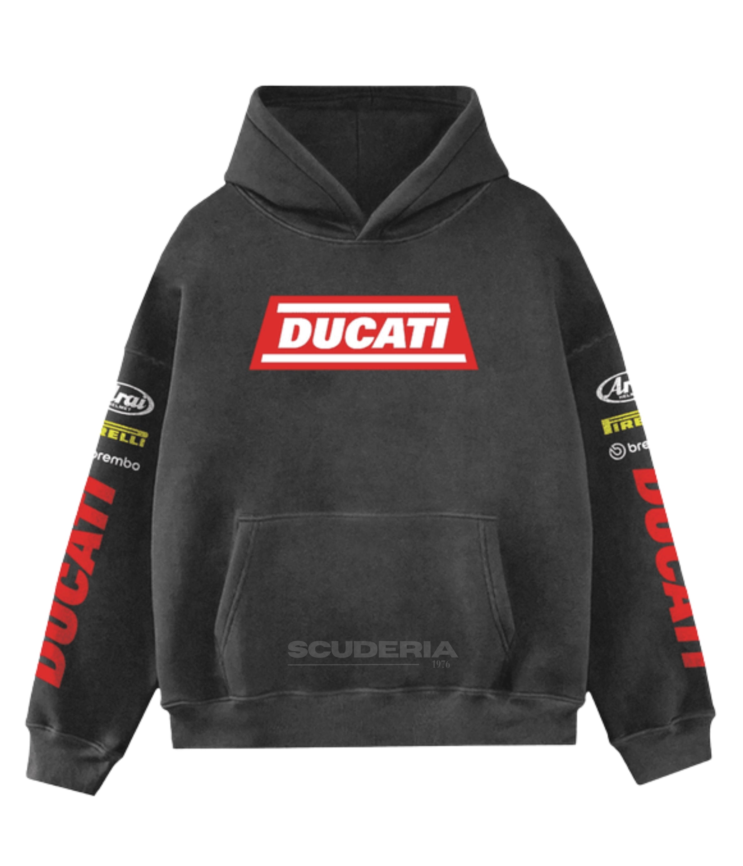 Ducati Brembo Racing Hoodie black washed front view men – oversized vintage sweatshirt with bold Ducati red box logo, Arai Helmets Pirelli and Brembo sponsor patches on sleeves, MotoGP streetwear hoodie