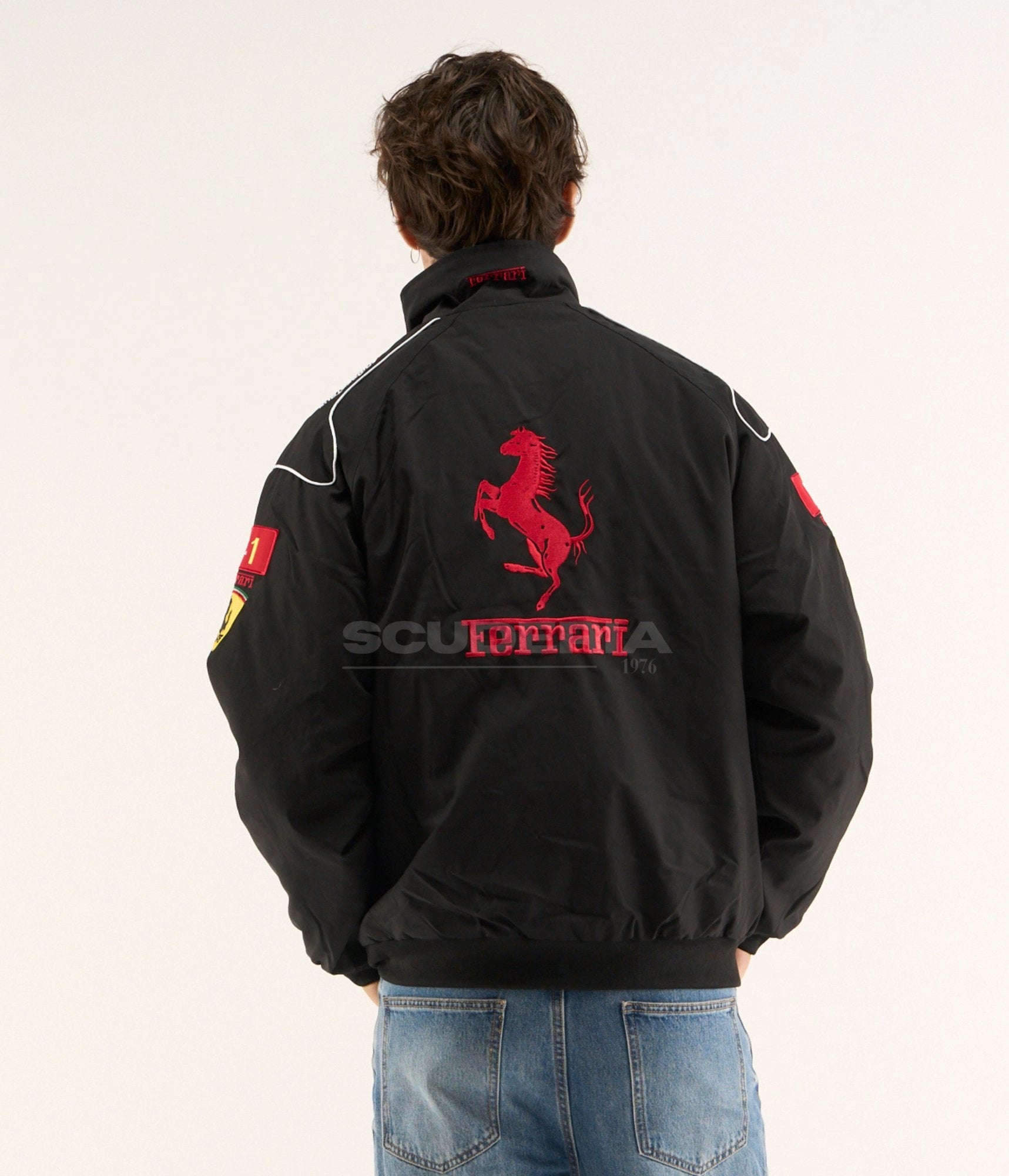 Ferrari black red embroidered padded bomber jacket – men back view – Scuderia1976