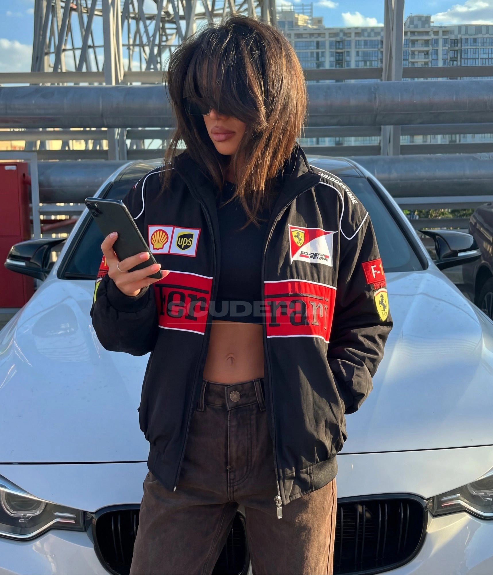 Ferrari black red embroidered padded bomber jacket – women front view car – Scuderia1976